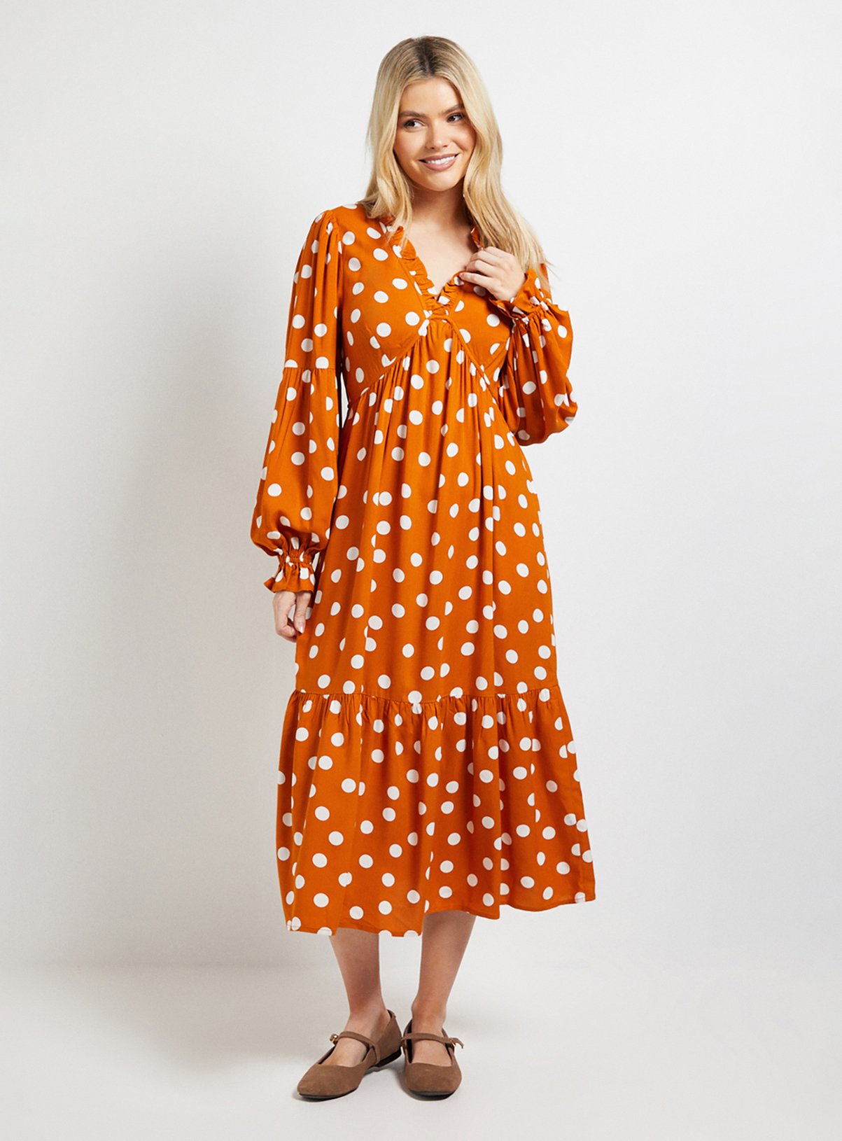DOROTHY PERKINS Orange Spot Empire Seam Frill Detail Midi Dress