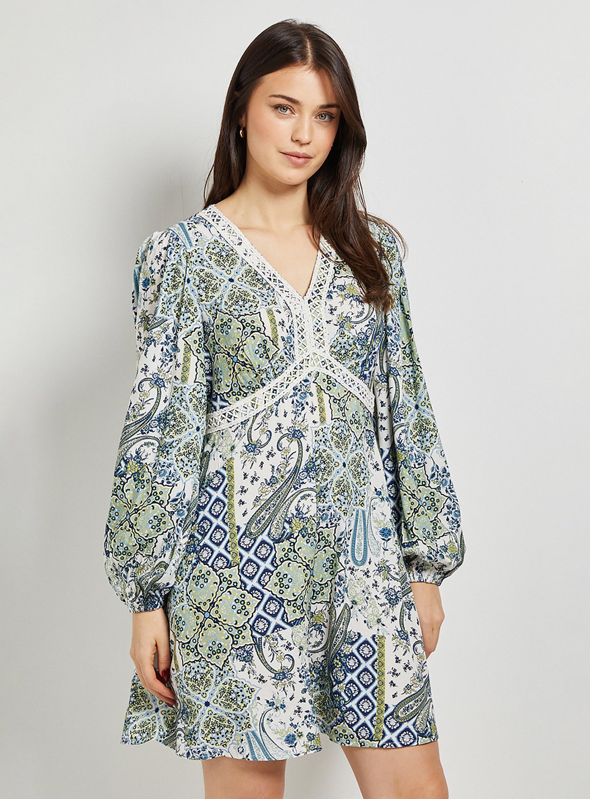 DOROTHY PERKINS Paisley Lace Trim Long Sleeve Printed Mini Dress Green