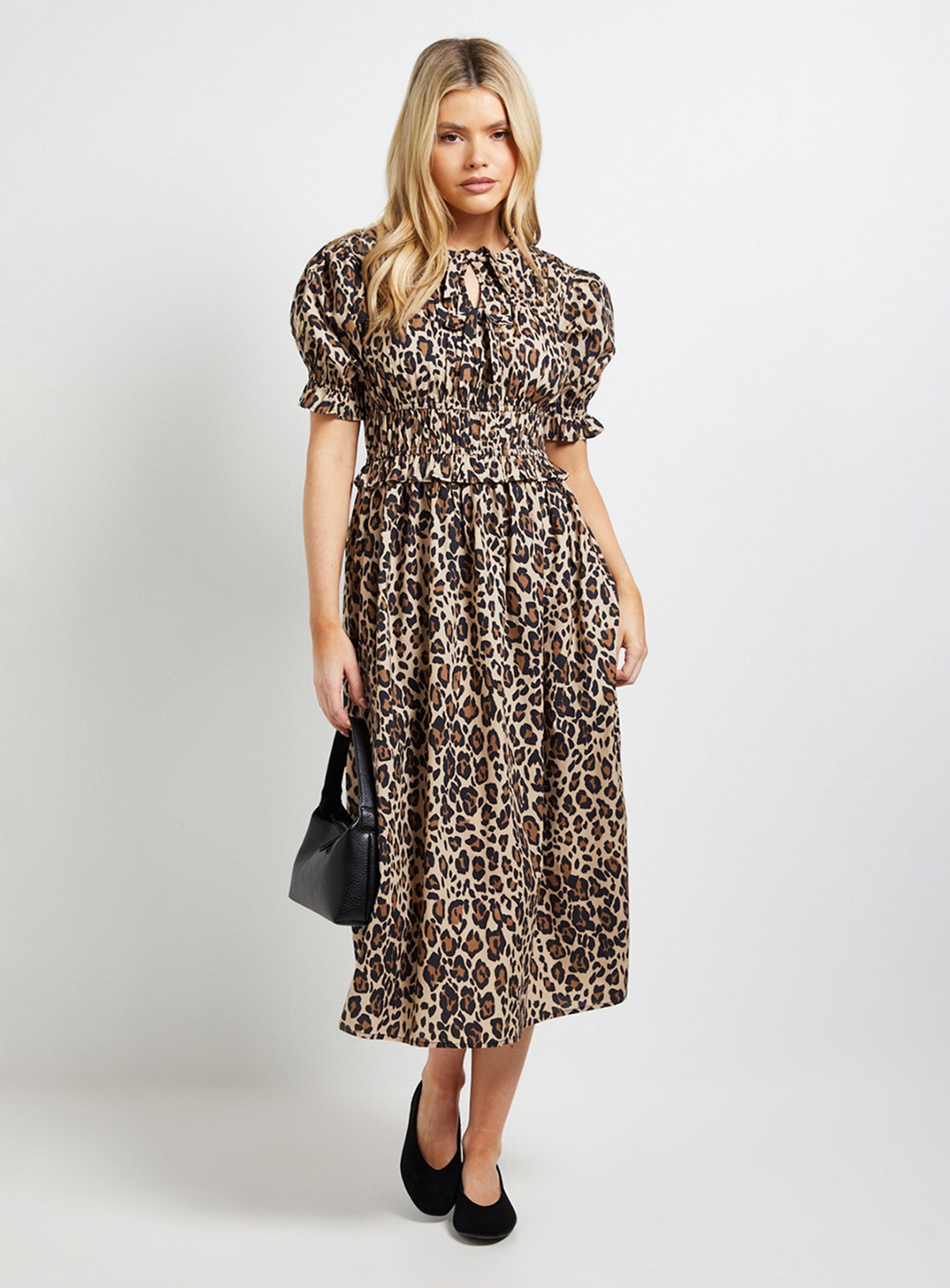 DOROTHY PERKINS Leopard Frill Tiered Printed Poplin Midi Smock Dress 