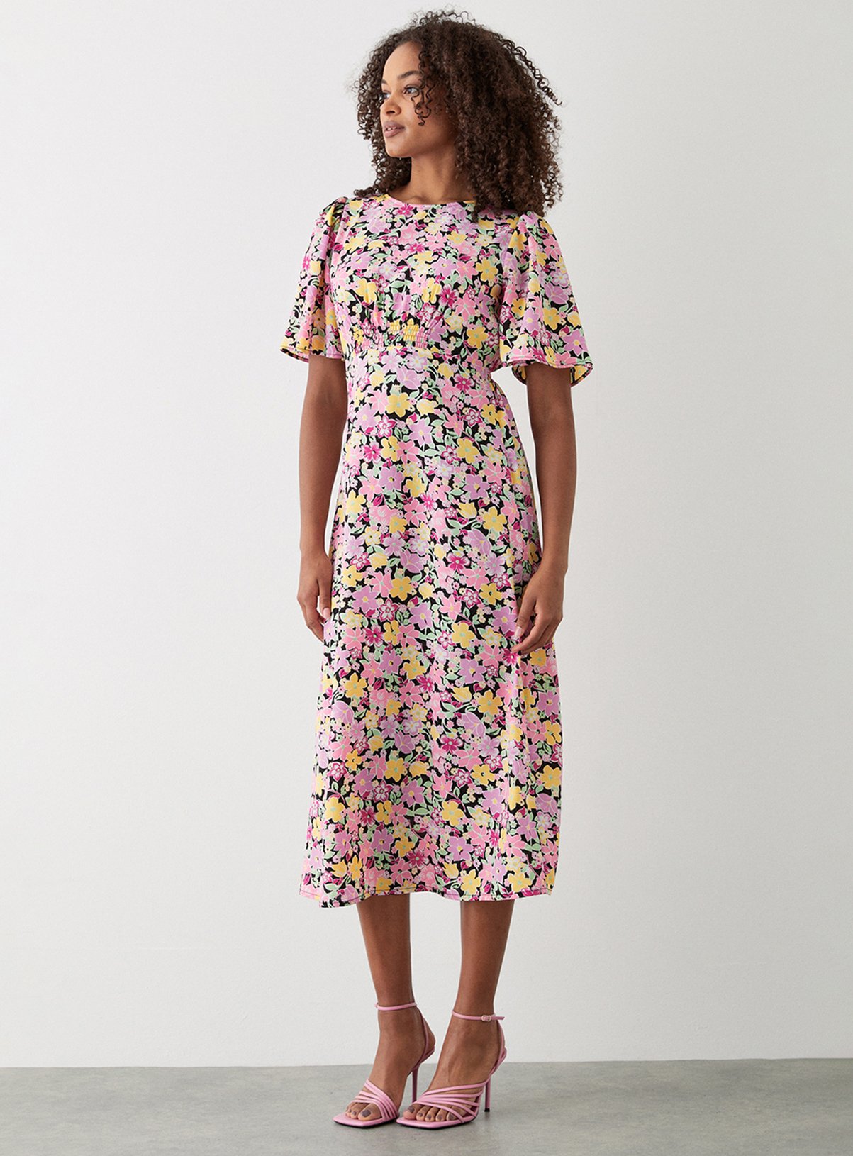 DOROTHY PERKINS Pink Floral Flutter Sleeve Shirred Waist Midi Dress