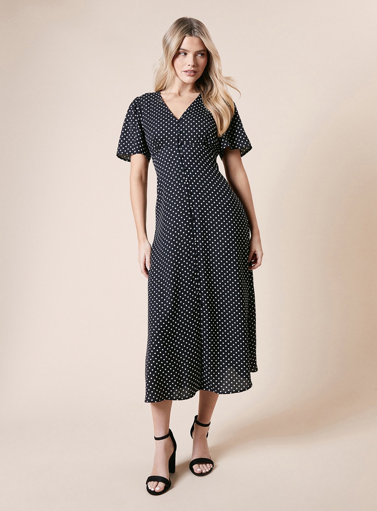 DOROTHY PERKINS Spot Button Through Flutter Sleeve Midi Dress 8