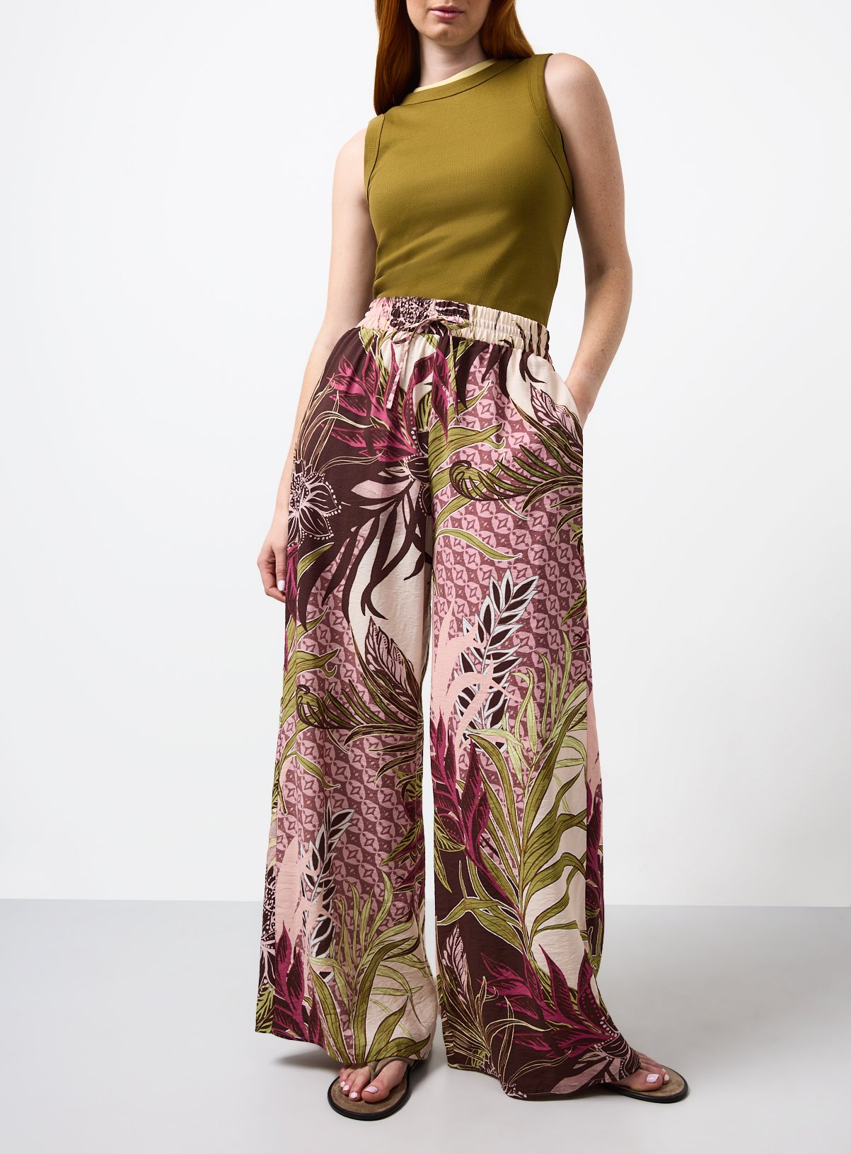 Mid Pink Palm Leaf Print Wide Leg Trousers 22