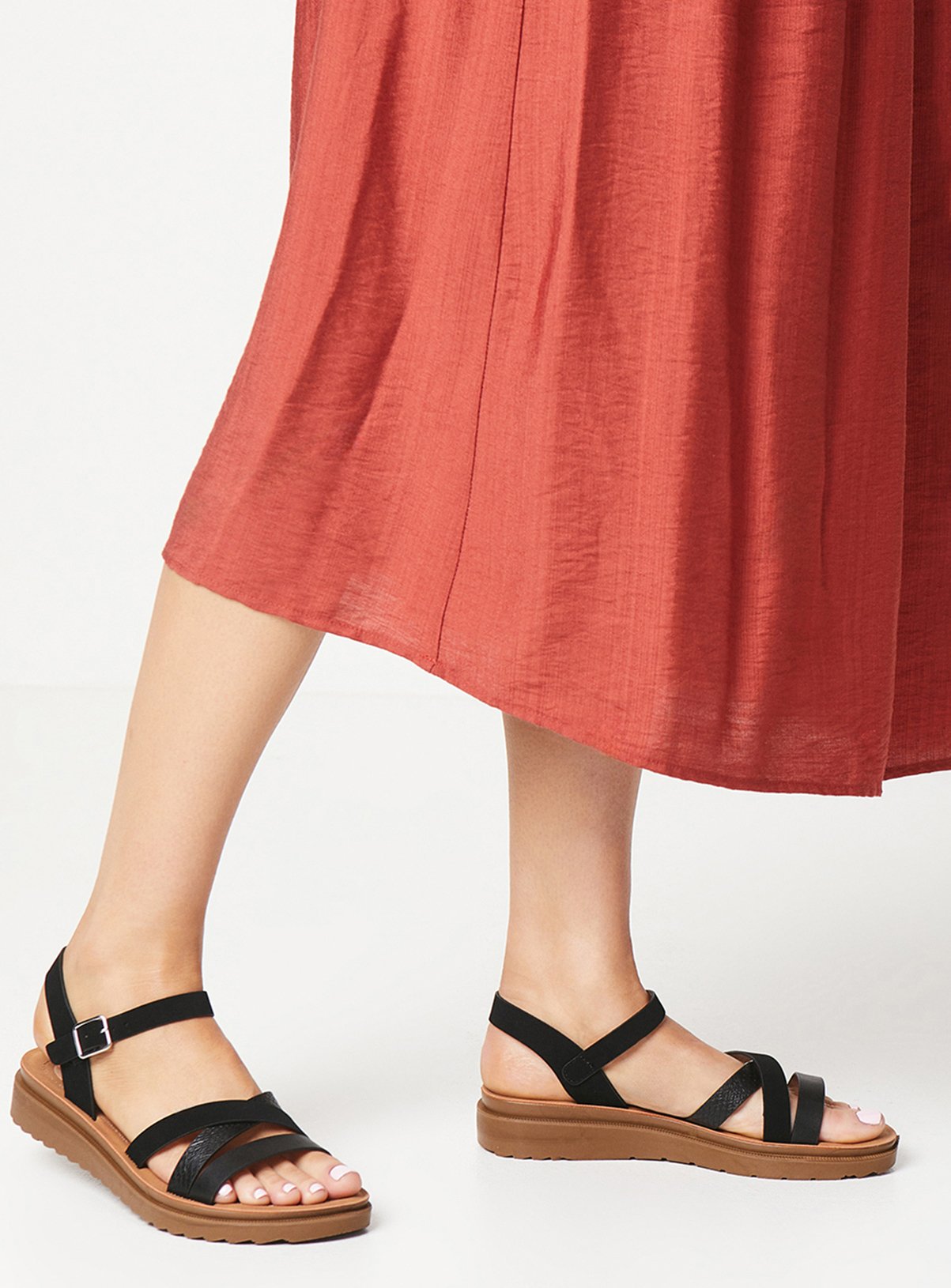 DOROTHY PERKINS Good For The Sole: Wide Fit Axel Comfort Cross Strap Low Wedge Sandals Black 