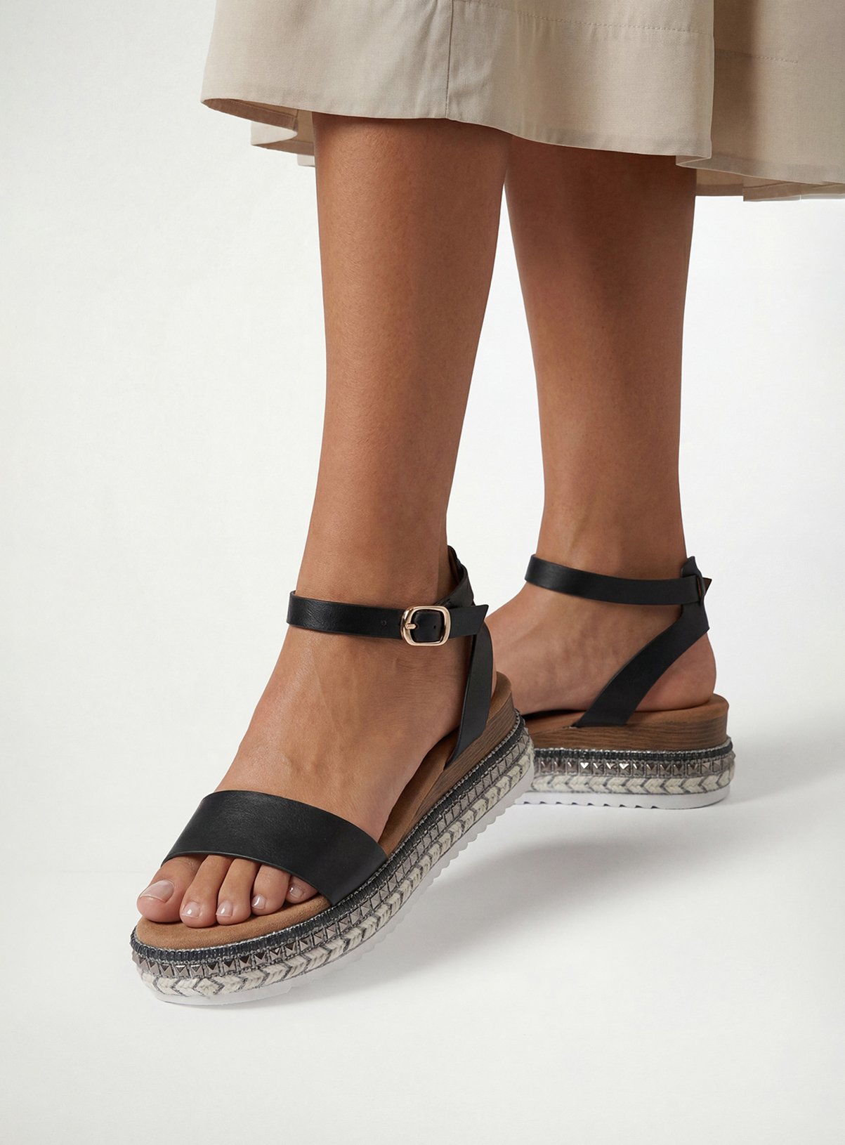 DOROTHY PERKINS Good For The Sole: Hester Faux Leather Embellished Flatform Wedge Sandals Black 