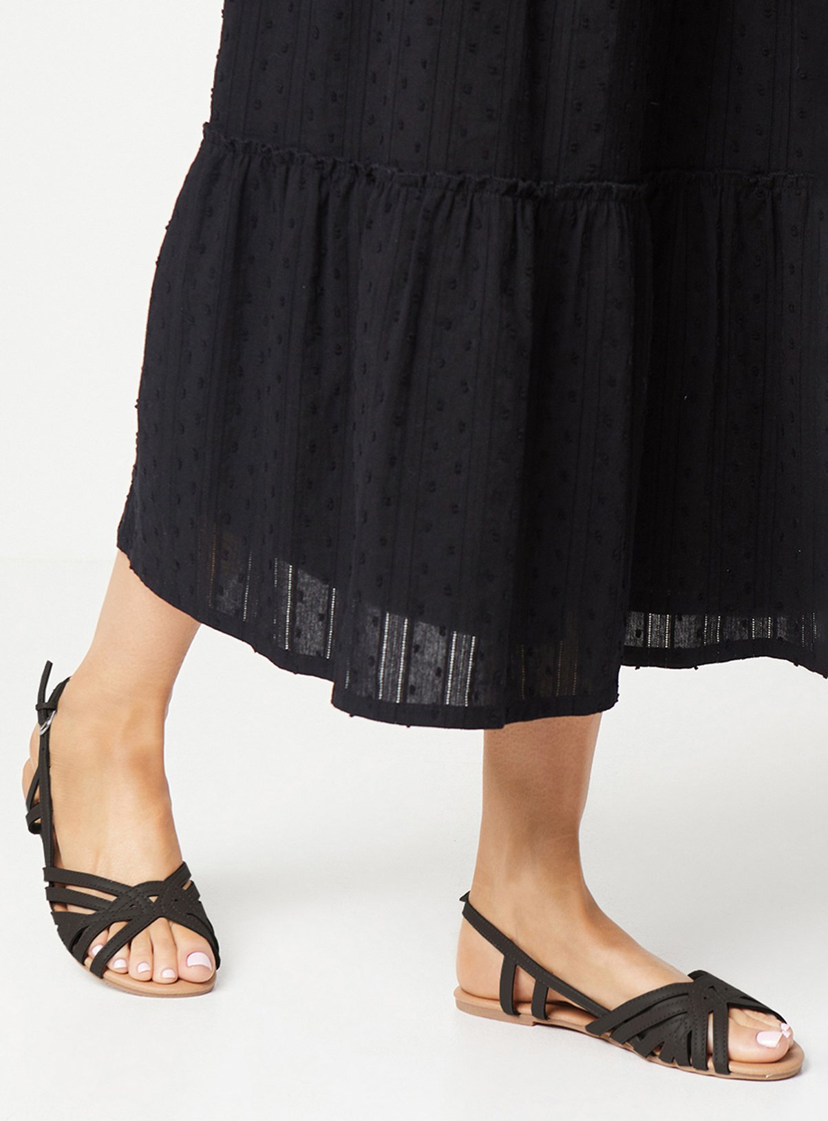DOROTHY PERKINS Fiona Faux Leather Lattice Peep Toe Slingback Flat Sandals Black