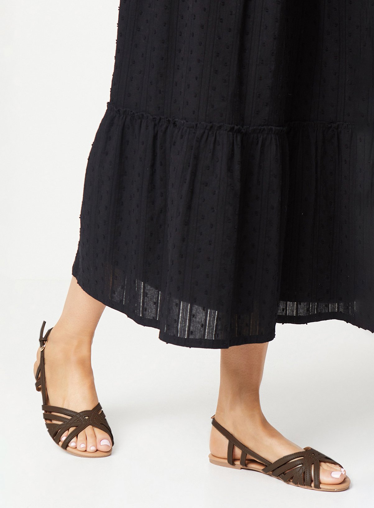 DOROTHY PERKINS Fiona Faux Leather Lattice Peep Toe Slingback Flat Sandals Brown