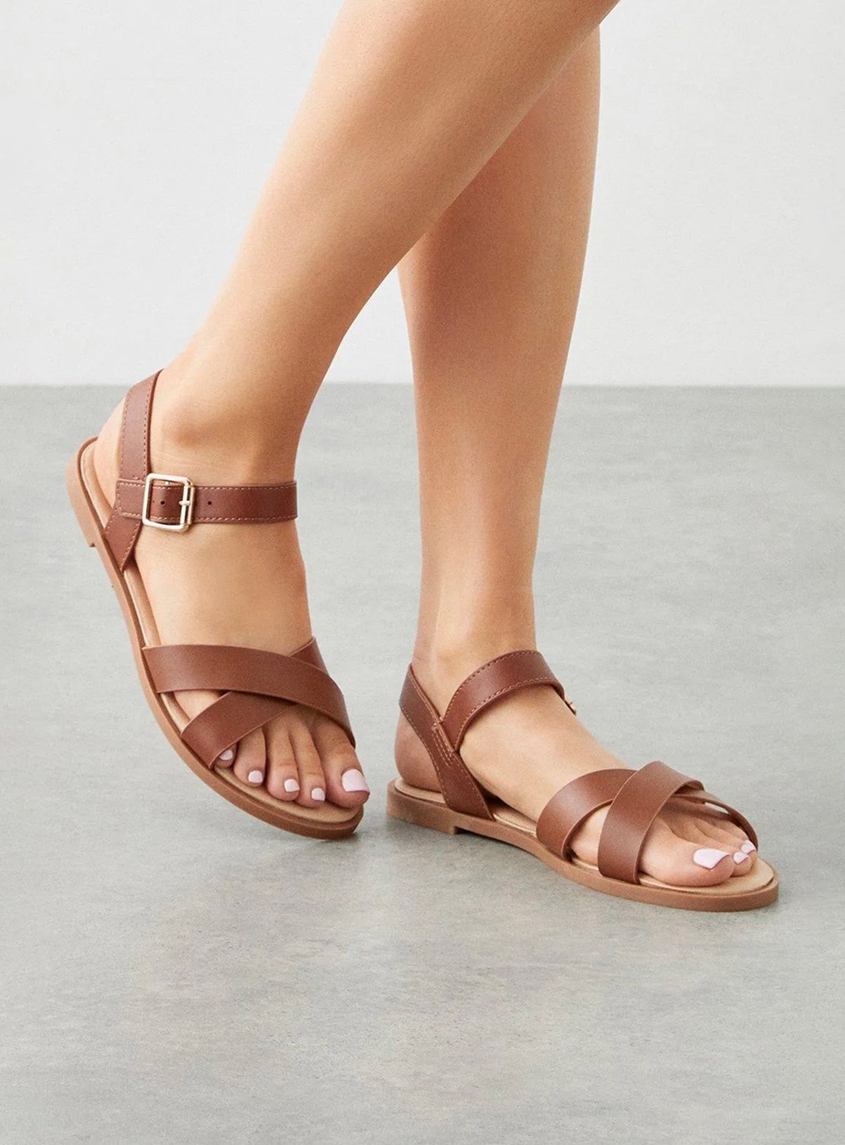 DOROTHY PERKINS Florence Cross Strap Flat Sandals Tan 