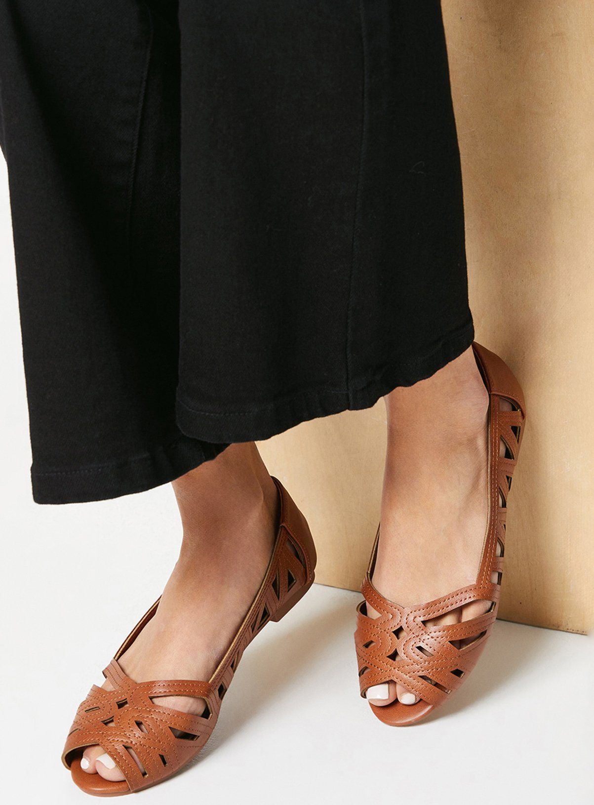 DOROTHY PERKINS Wide Fit Prim Peep Toe Ballet Flats Tan 7