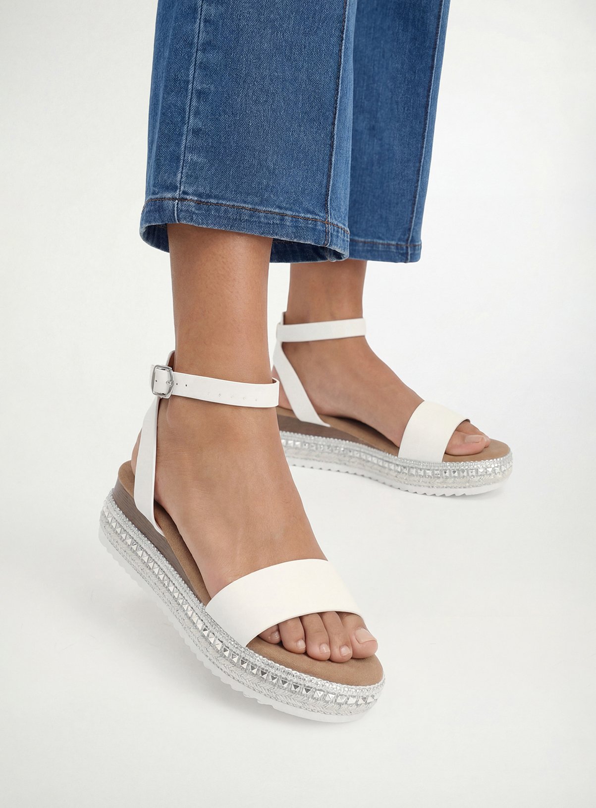 DOROTHY PERKINS Good For The Sole: Hester Faux Leather Embellished Flatform Wedge Sandals White