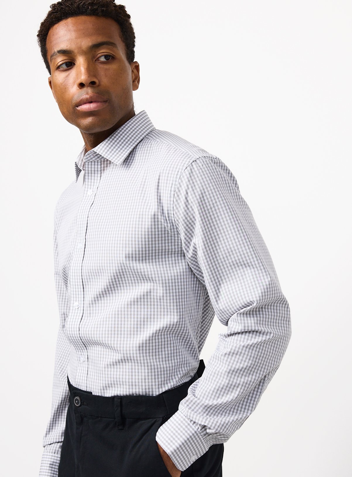 Grey Gingham & Plain Grey Long Sleeve Formal Shirts 2 Pack 