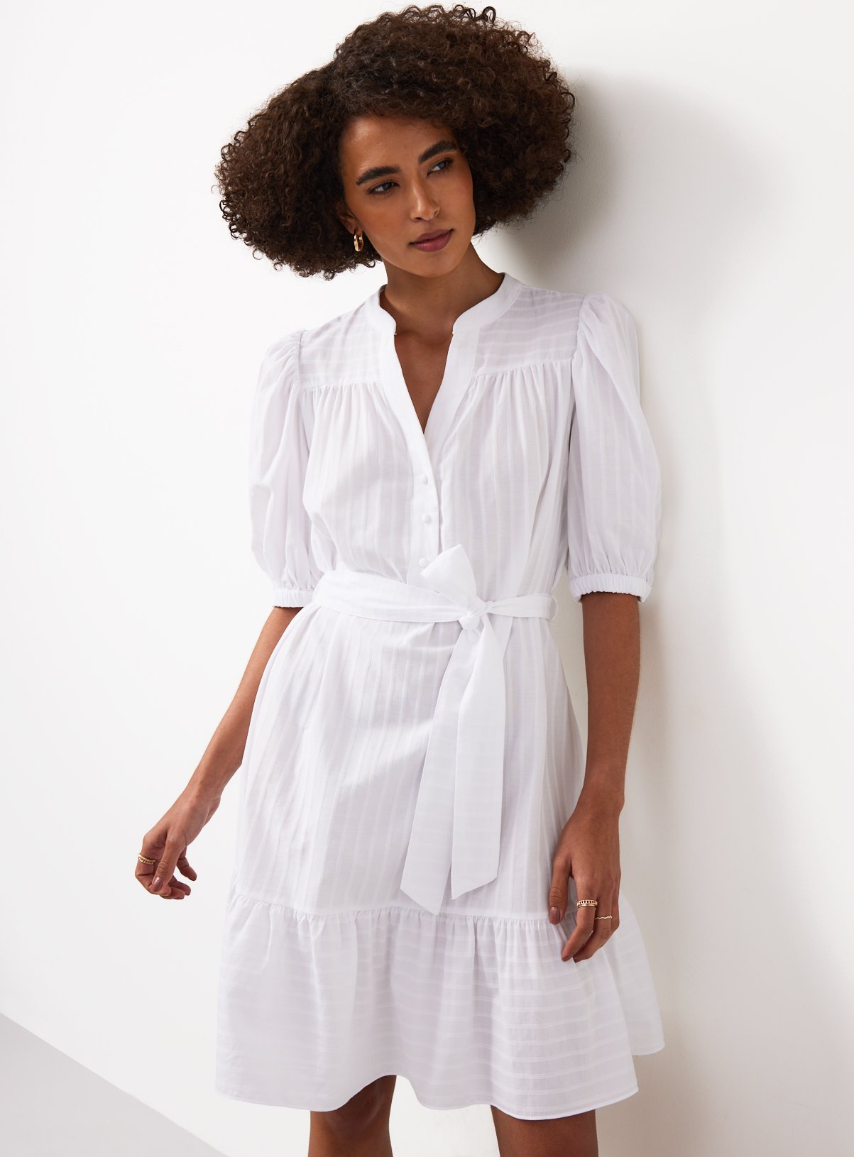 White Stripe Print Mini Shirt Dress 
