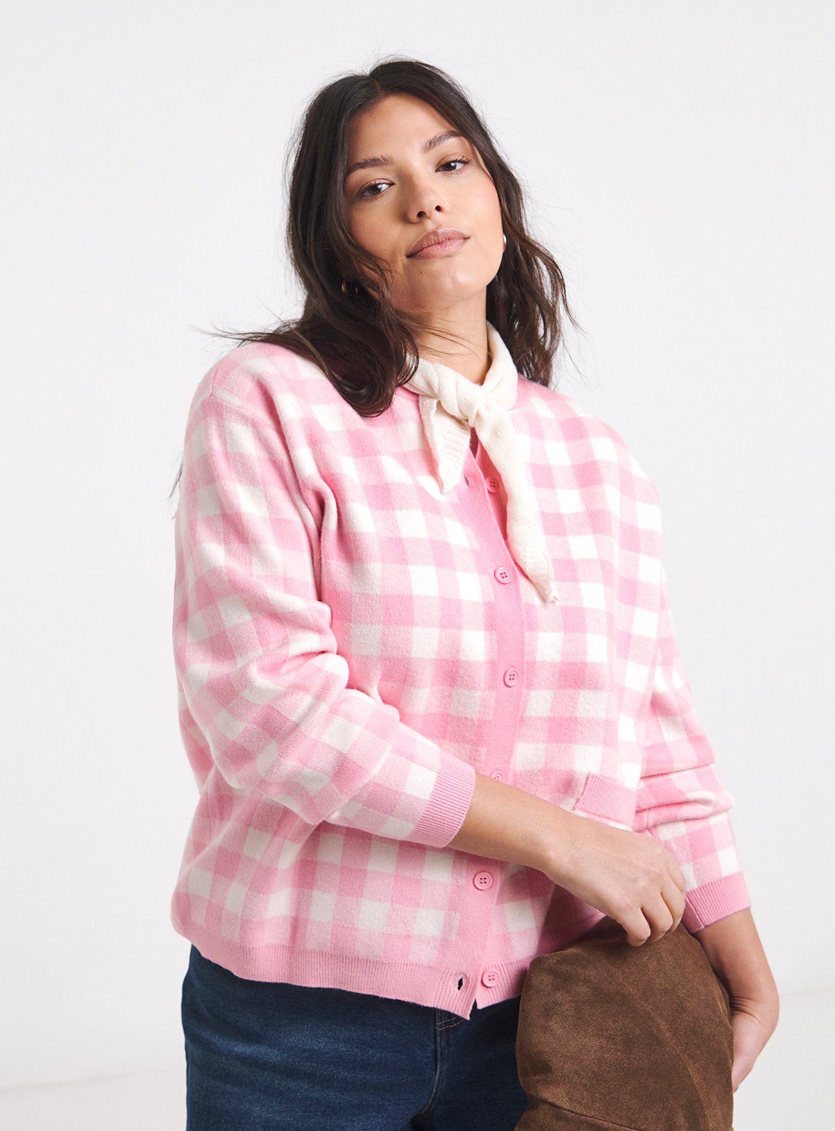 SIMPLY BE Crew Neck Gingham Cardigan 