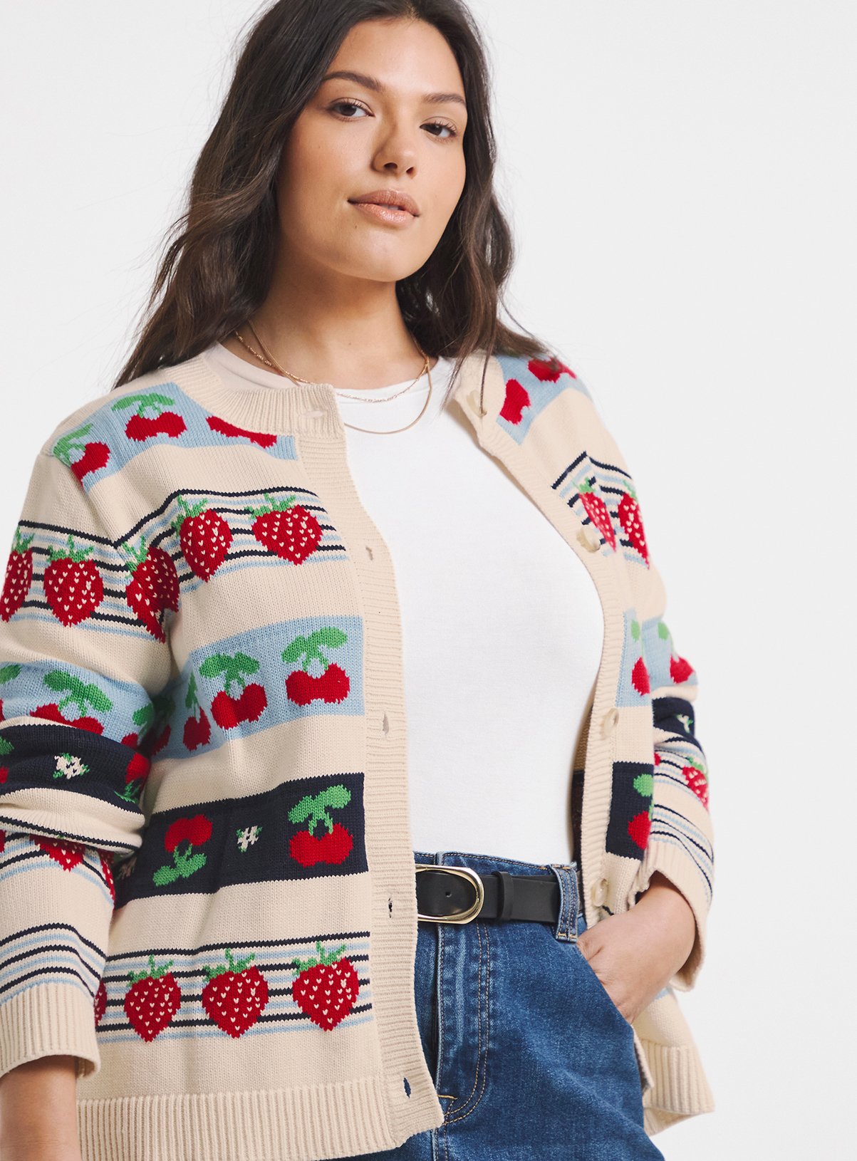 SIMPLY BE Fruit Fair Isle Crew Neck Cardigan