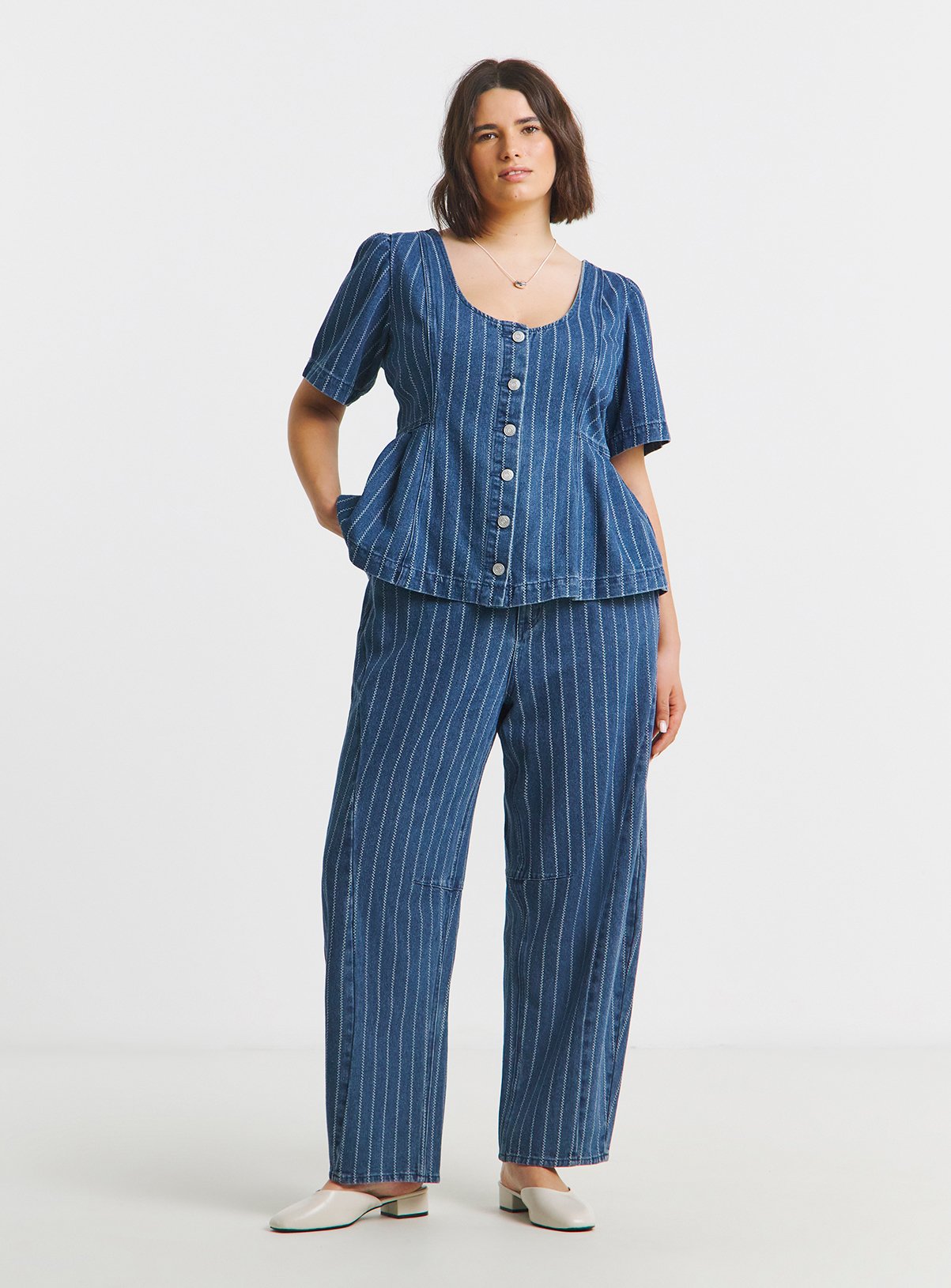SIMPLY BE Blue Jacquard Denim Stripe Top Co Ord