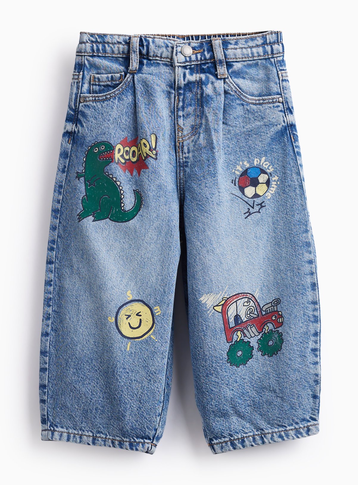 Blue Patchwork Barrel Leg Denim Jeans 