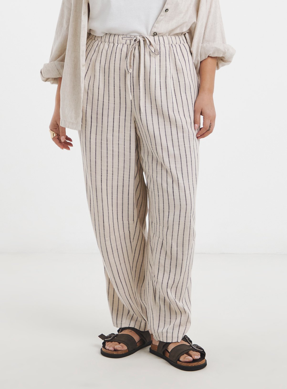 SIMPLY BE Neutral Stripe Barrel Trouser With Linen 
