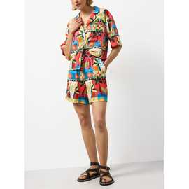 Beach Print Linen Blend Shorts