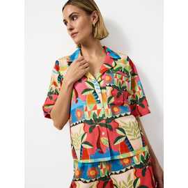 Beach Print Linen Blend Revere Neck Shirt
