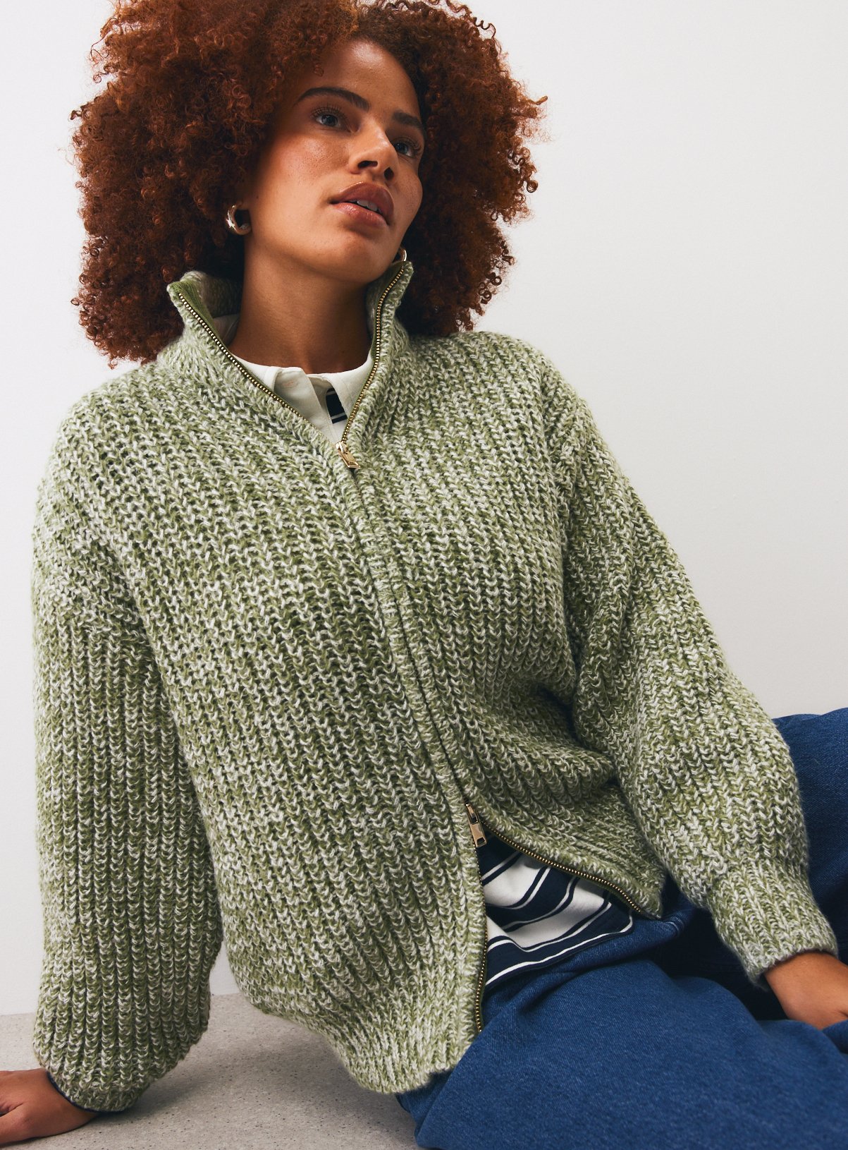 Green Chunky Twist Yarn Zip-Through Knitted Cardigan 