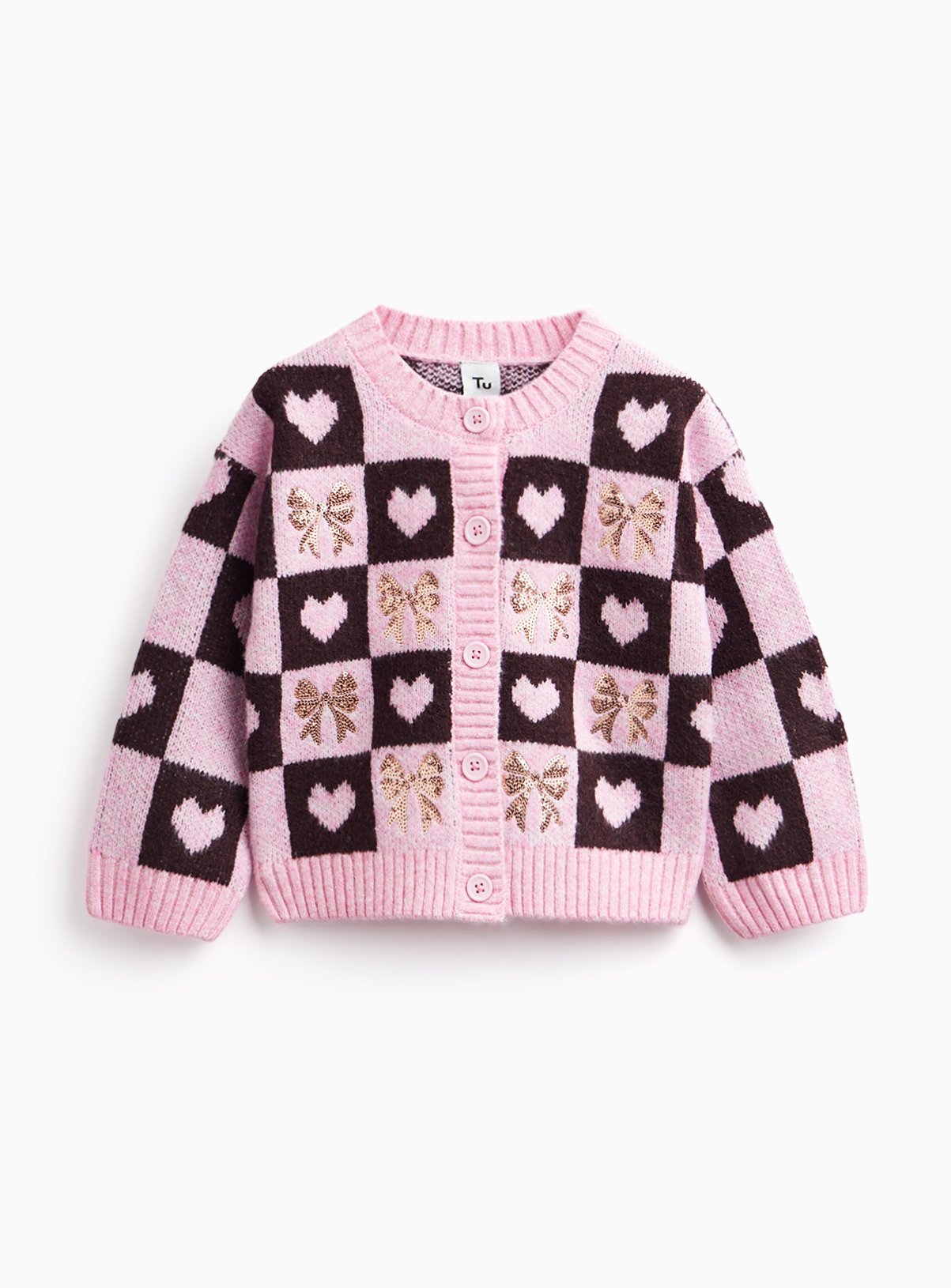 Pink Loveheart & Sequin Bows Checkboard Cardigan 