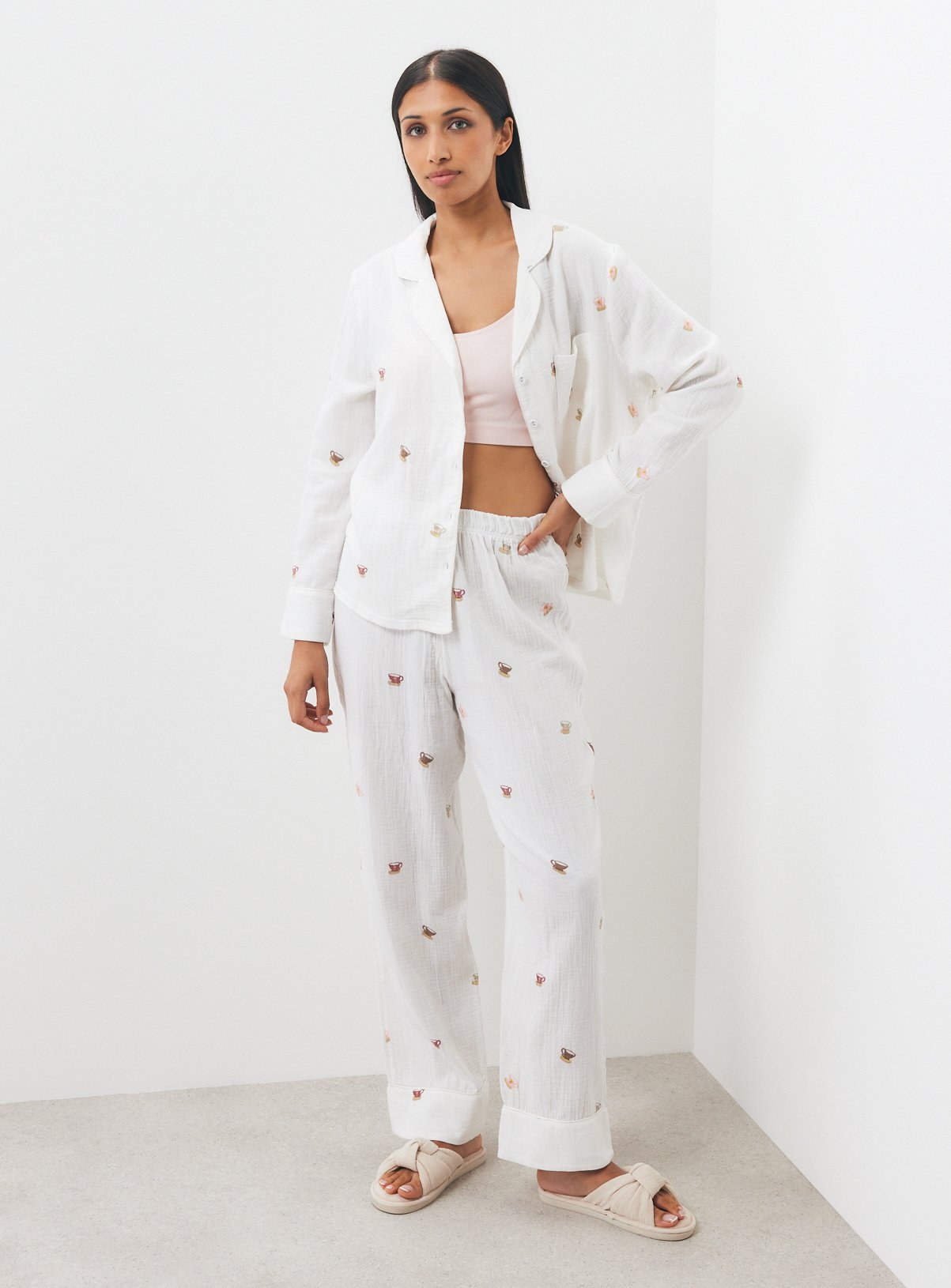 Cream Teacup Print Cotton Pyjama 2-Piece Set 