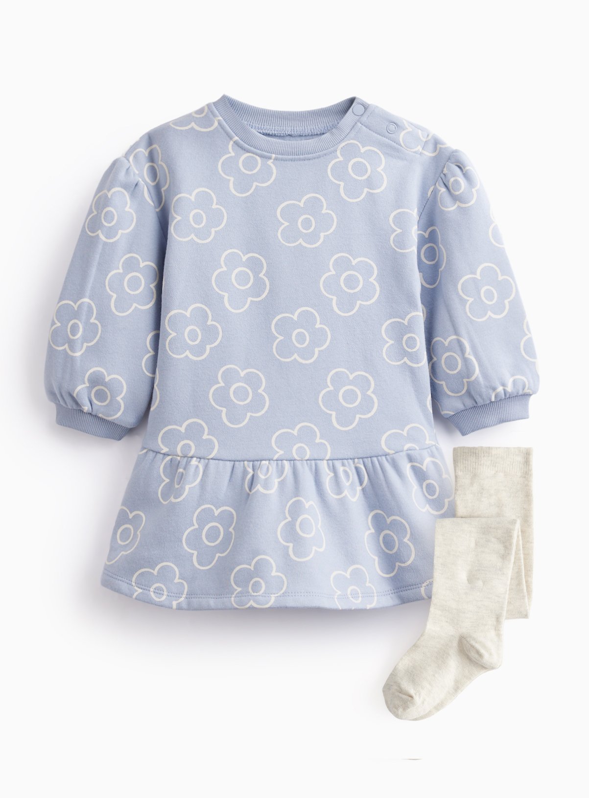 Blue Flower Print Sweat Dress & Tights Set 