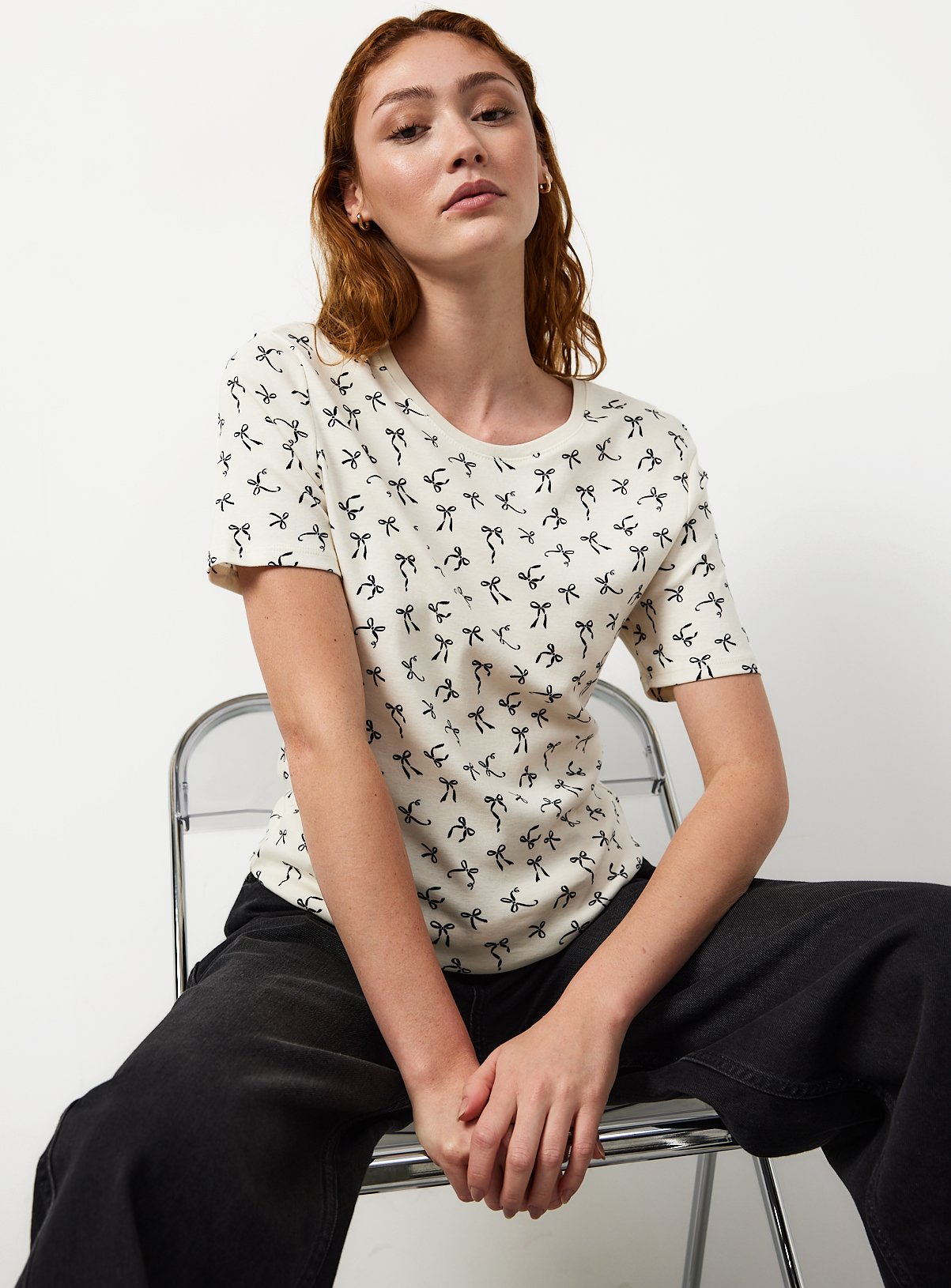 Cream Bow Print T-Shirt 
