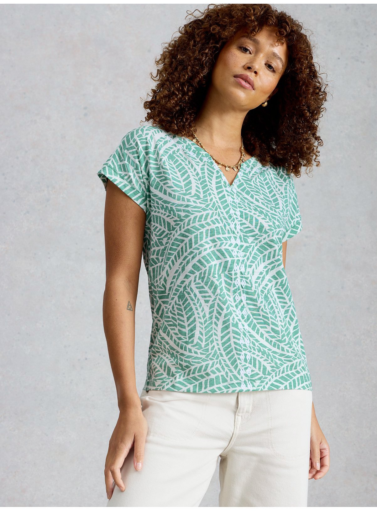 WHITE STUFF Nelly Print Embroidered T Shirt Leaf Print 10