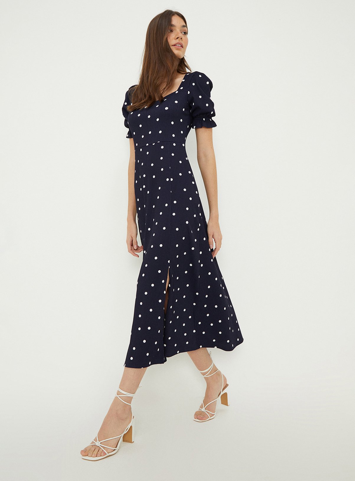 DOROTHY PERKINS Navy Spot Sweetheart Neckline Midi Dress 