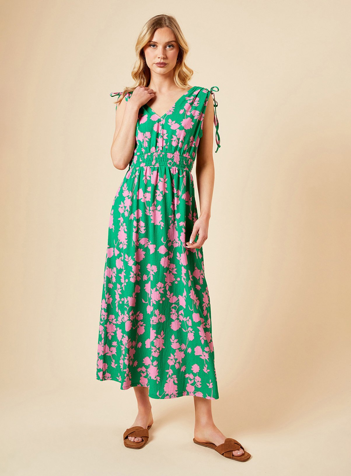 DOROTHY PERKINS Green Floral Tie Shoulder Shirred Waist Jersey Midi Dress 8