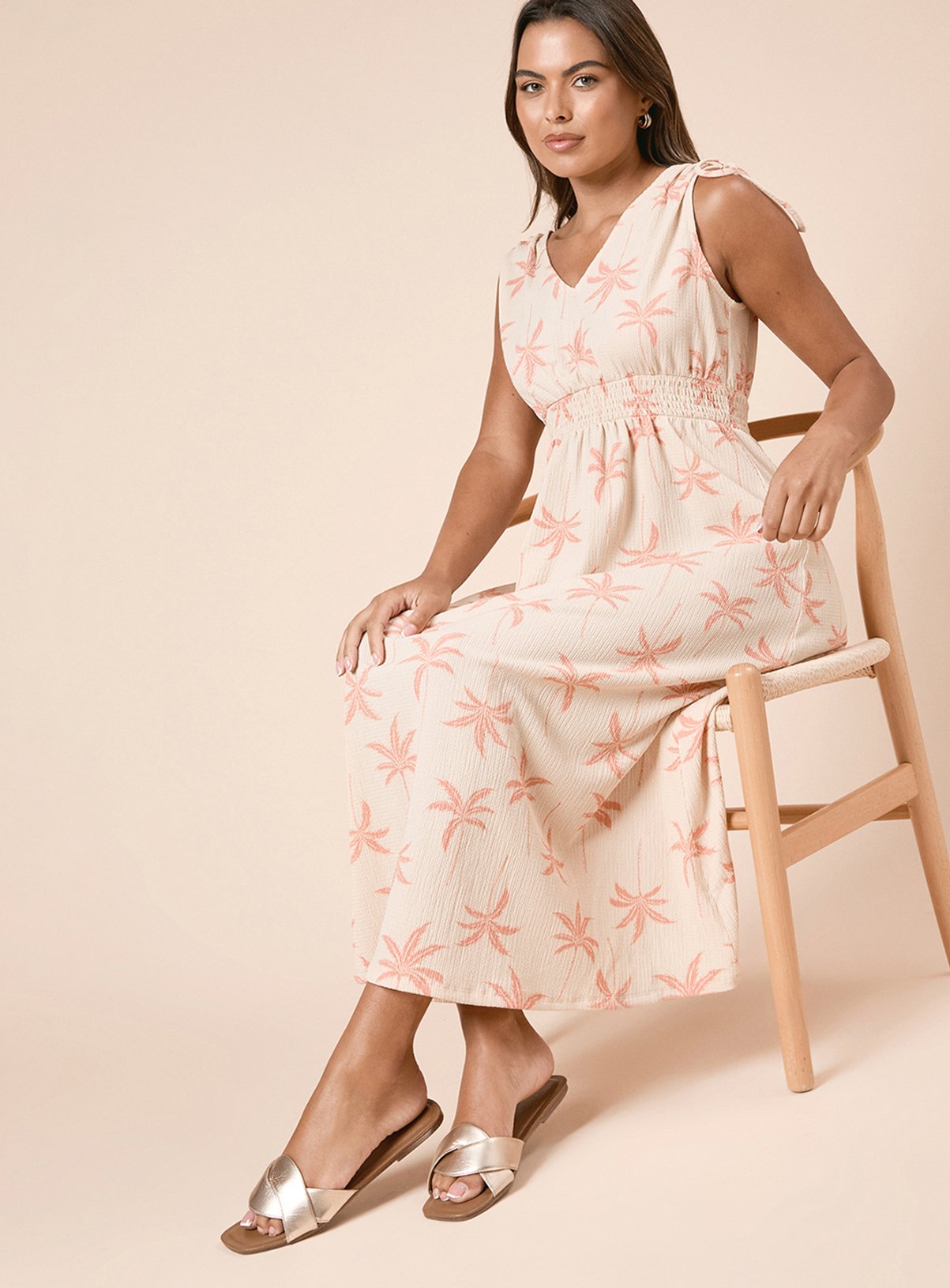 DOROTHY PERKINS Cream Palm Tie Shoulder Shirred Waist Jersey Midi Dress 8