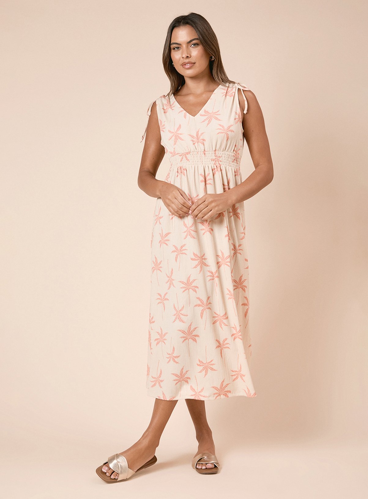 DOROTHY PERKINS Cream Palm Tie Shoulder Shirred Waist Jersey Midi Dress 10