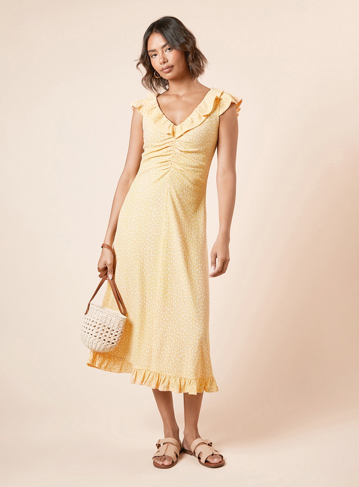 DOROTHY PERKINS Yellow Spot Neck Ruched Front Jersey Midi Dress 