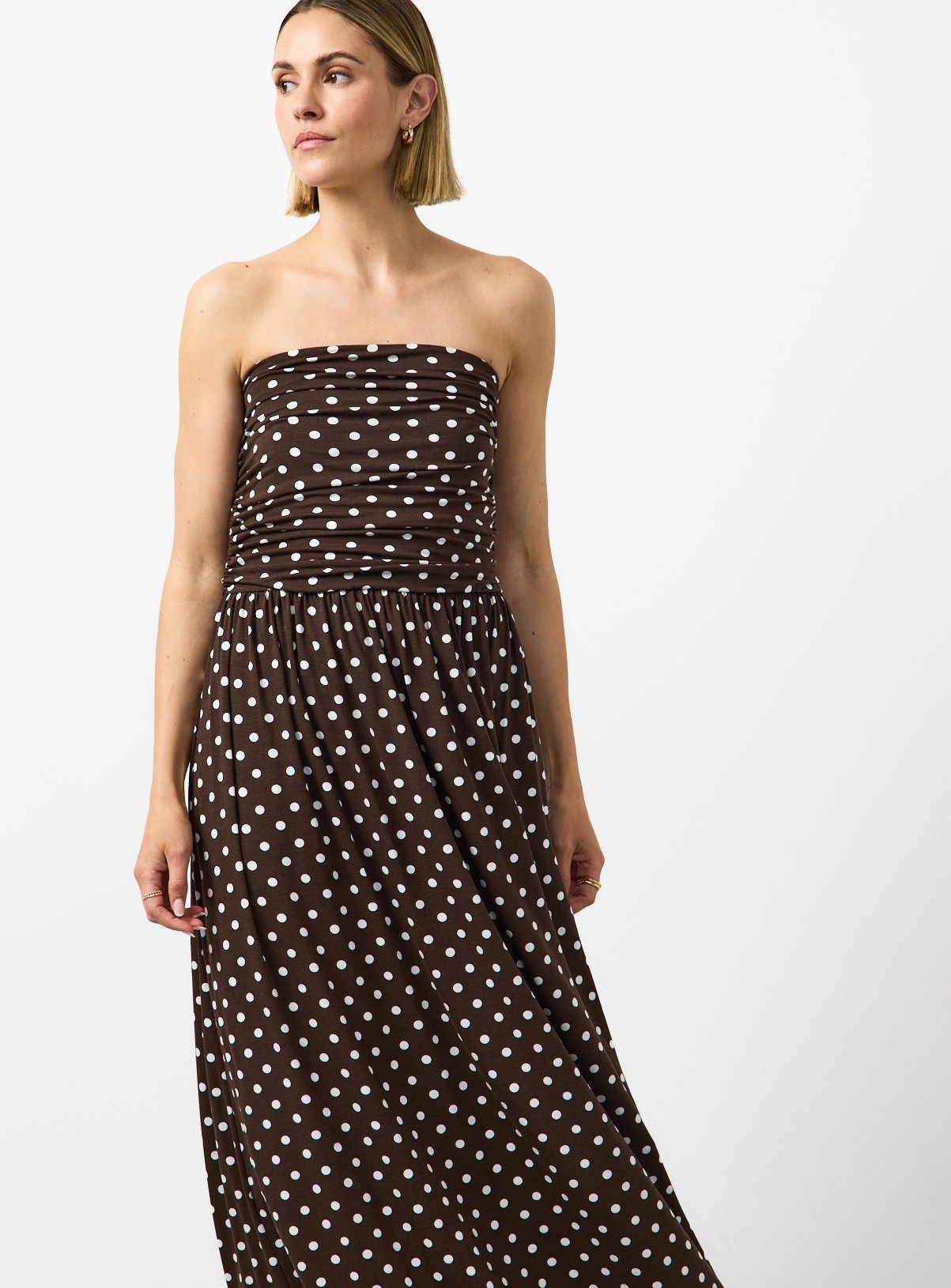 Dark Brown Polka Dot Print Bandeau Maxi Dress 