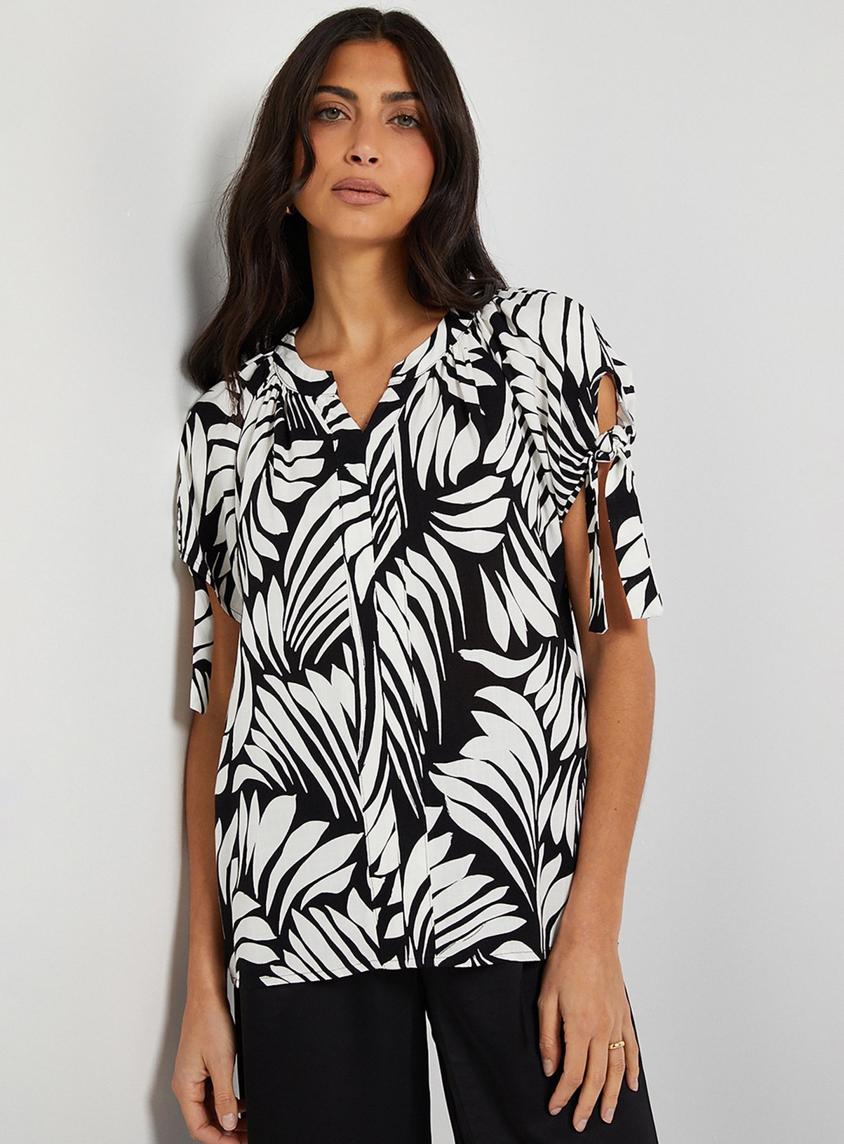WALLIS Black Abstract Tie Sleeve Collarless Top 