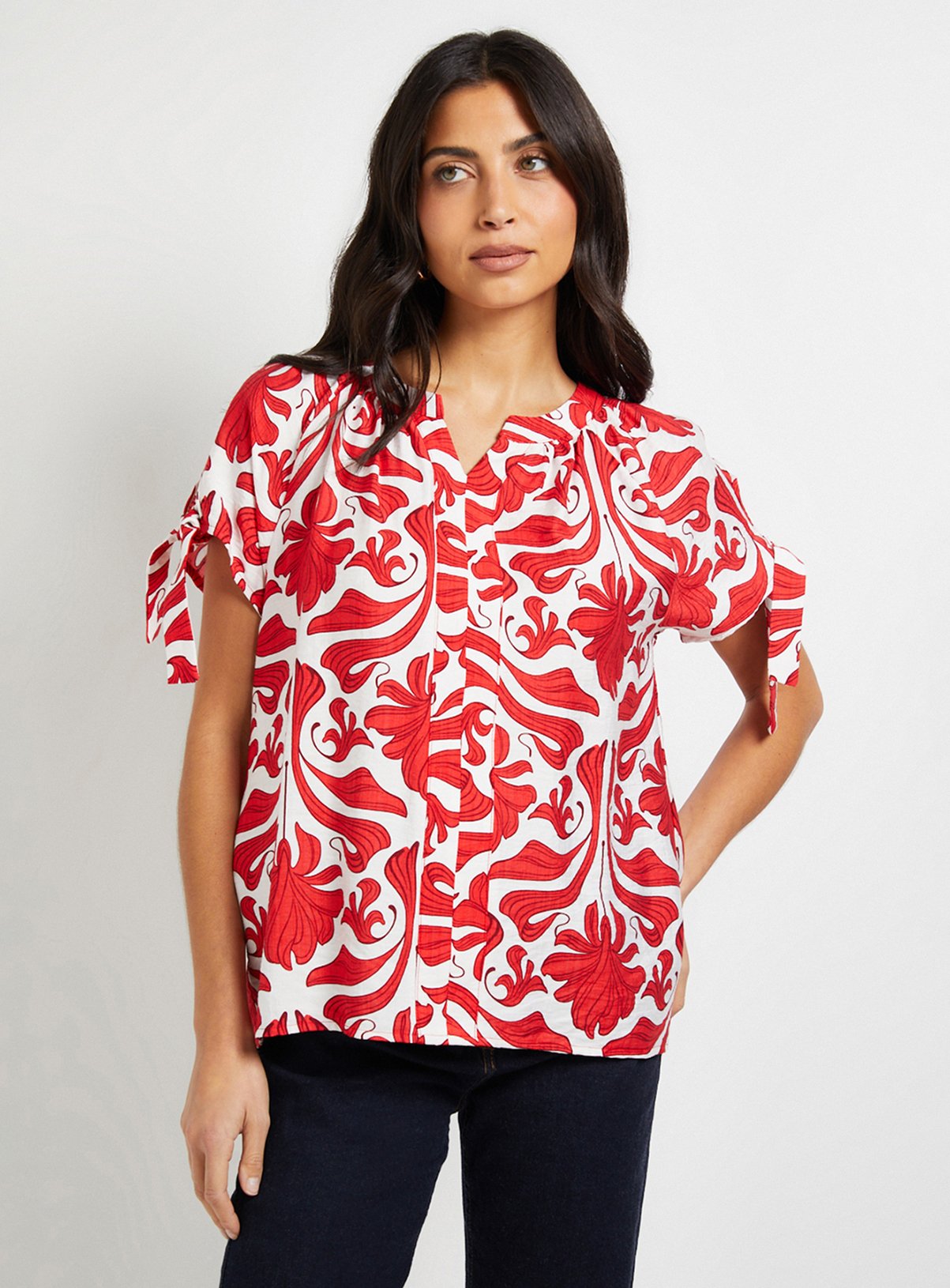 WALLIS Abstract Tie Sleeve Collarless Top
