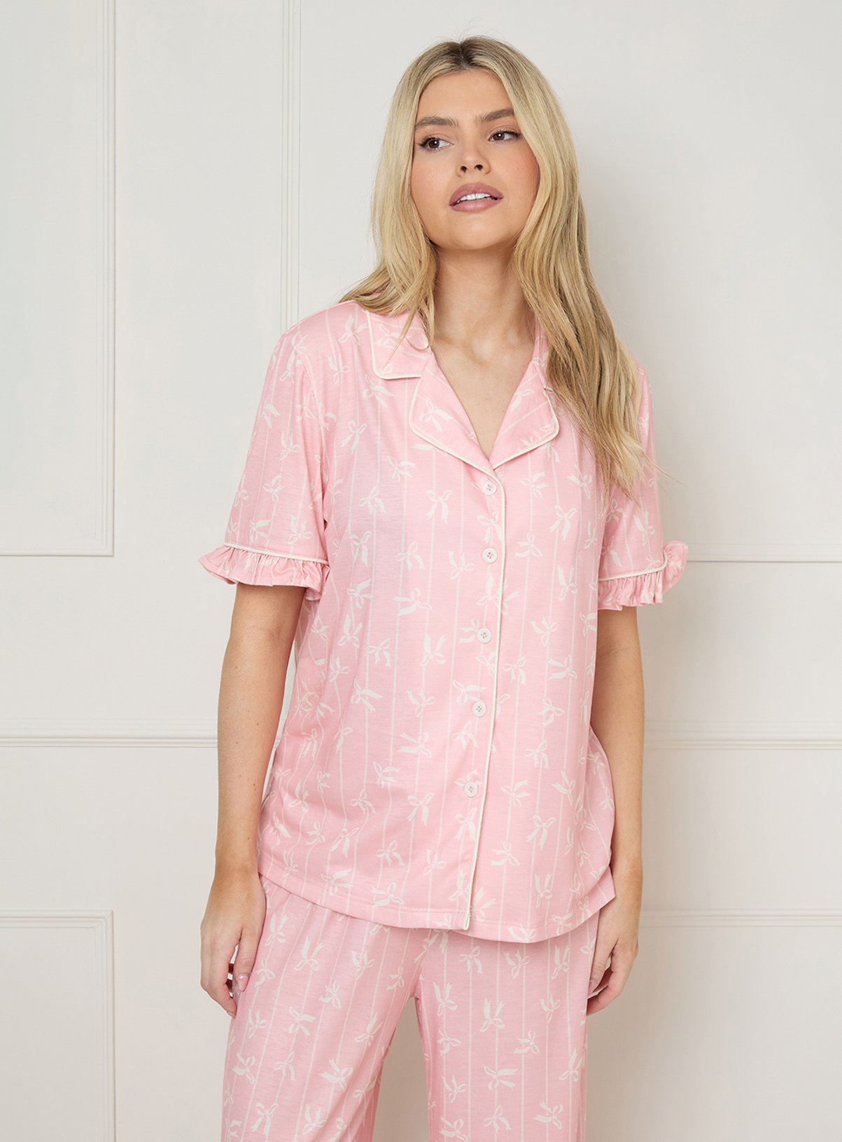 OASIS Short Sleeve Bow Front Jersey Pyjama Set M