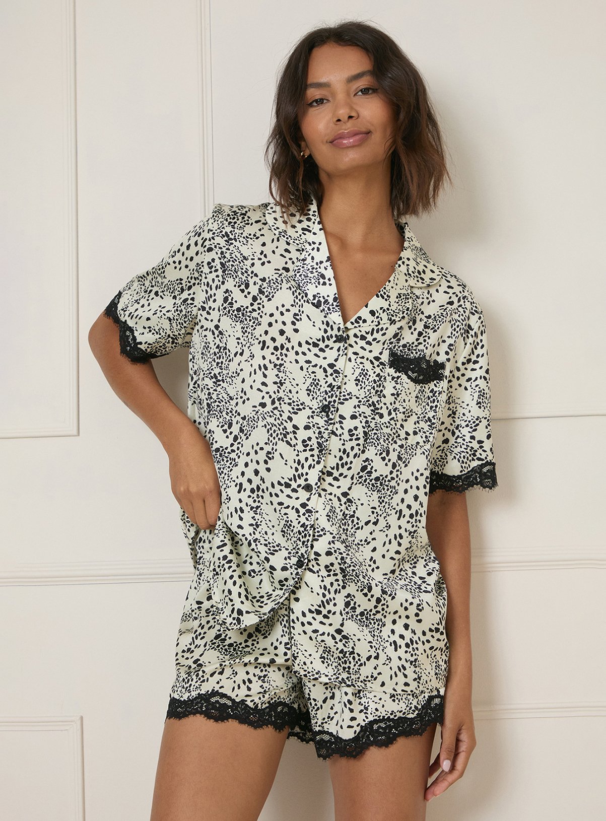 OASIS Leopard Print Lace Trim Nightwear Shorts Set M