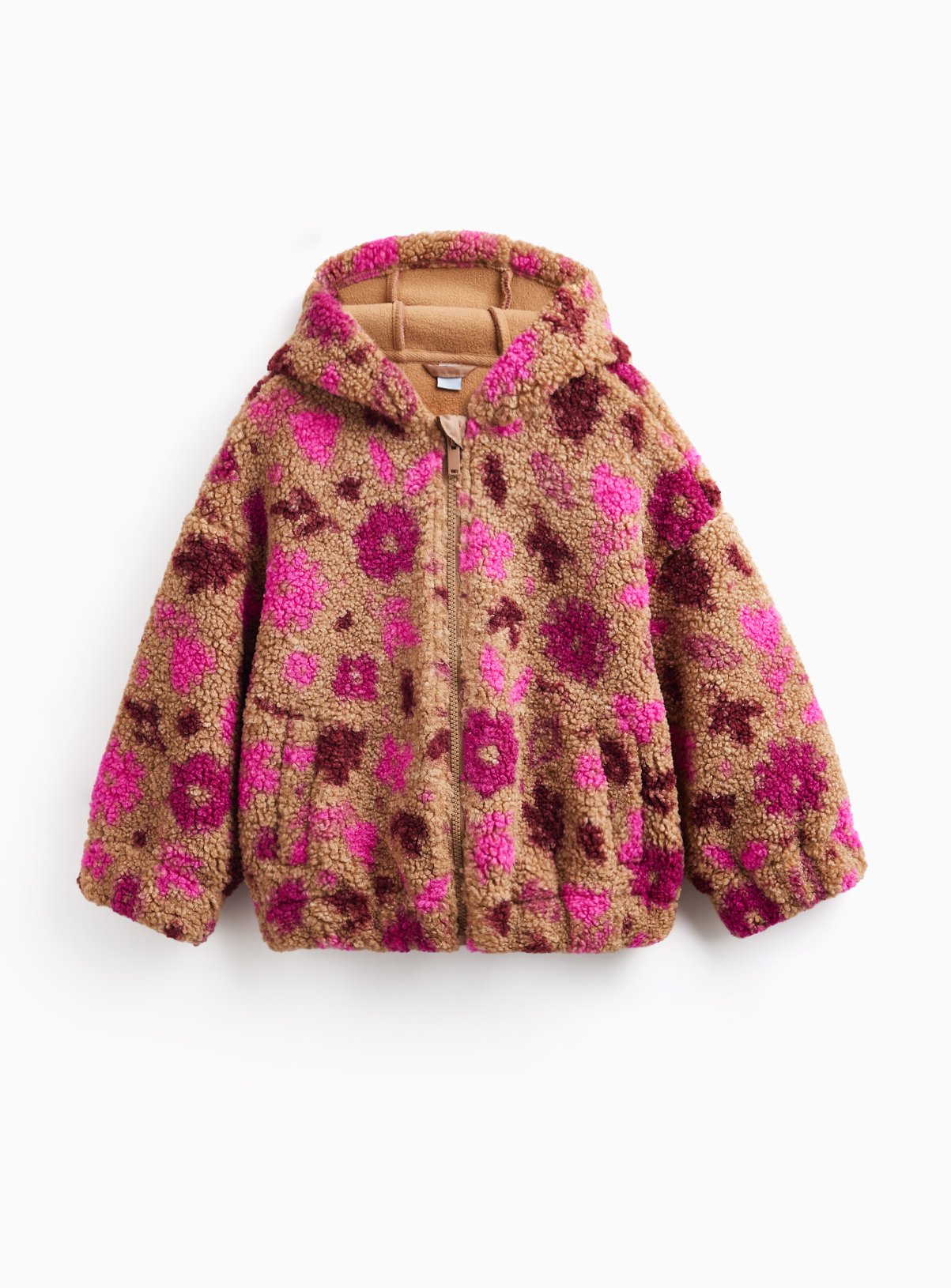 Brown & Pink Printed Borg Hooded Jacket 