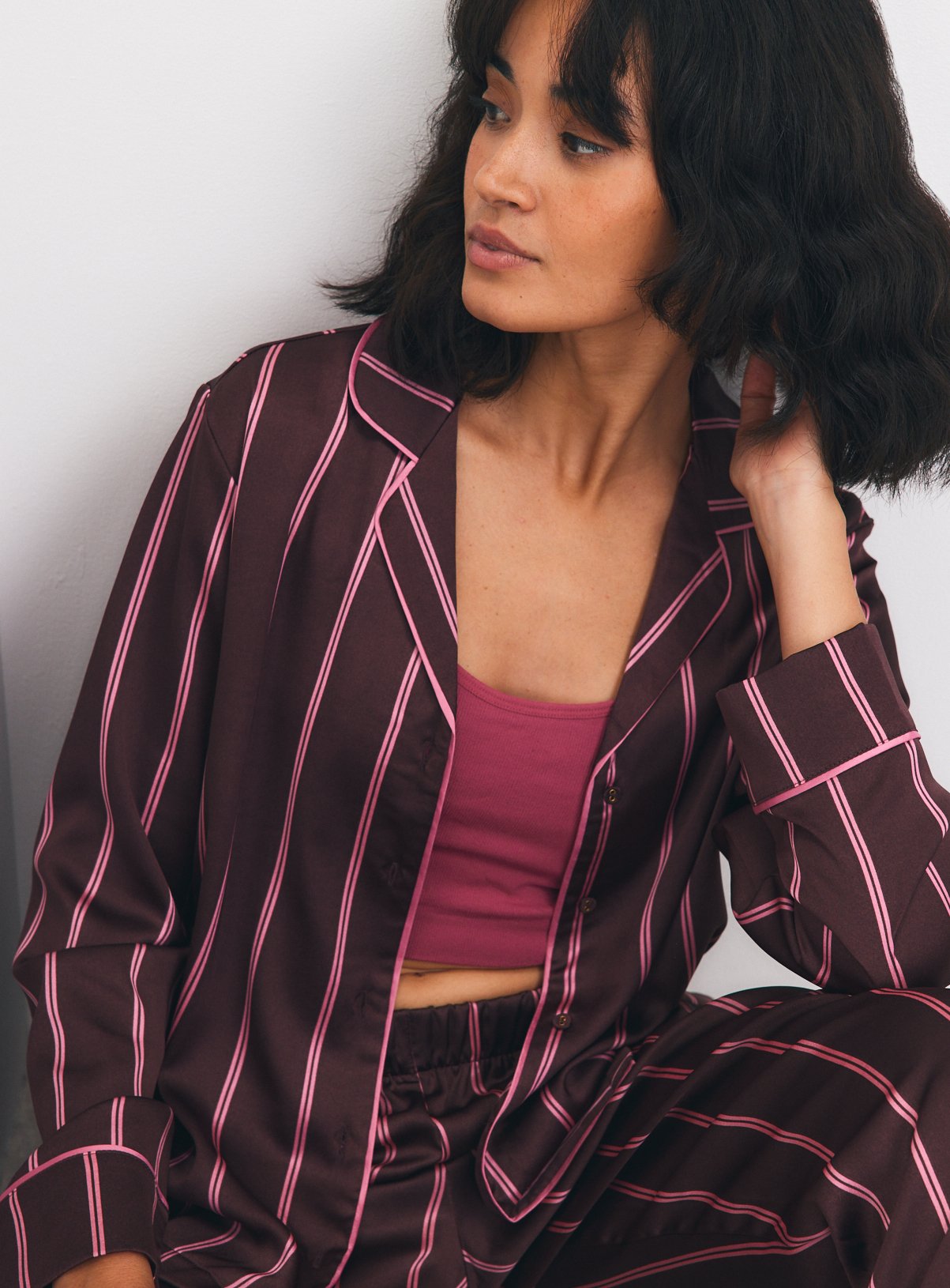 Brown & Pink Stripe Satin Traditional Pyjama Set 