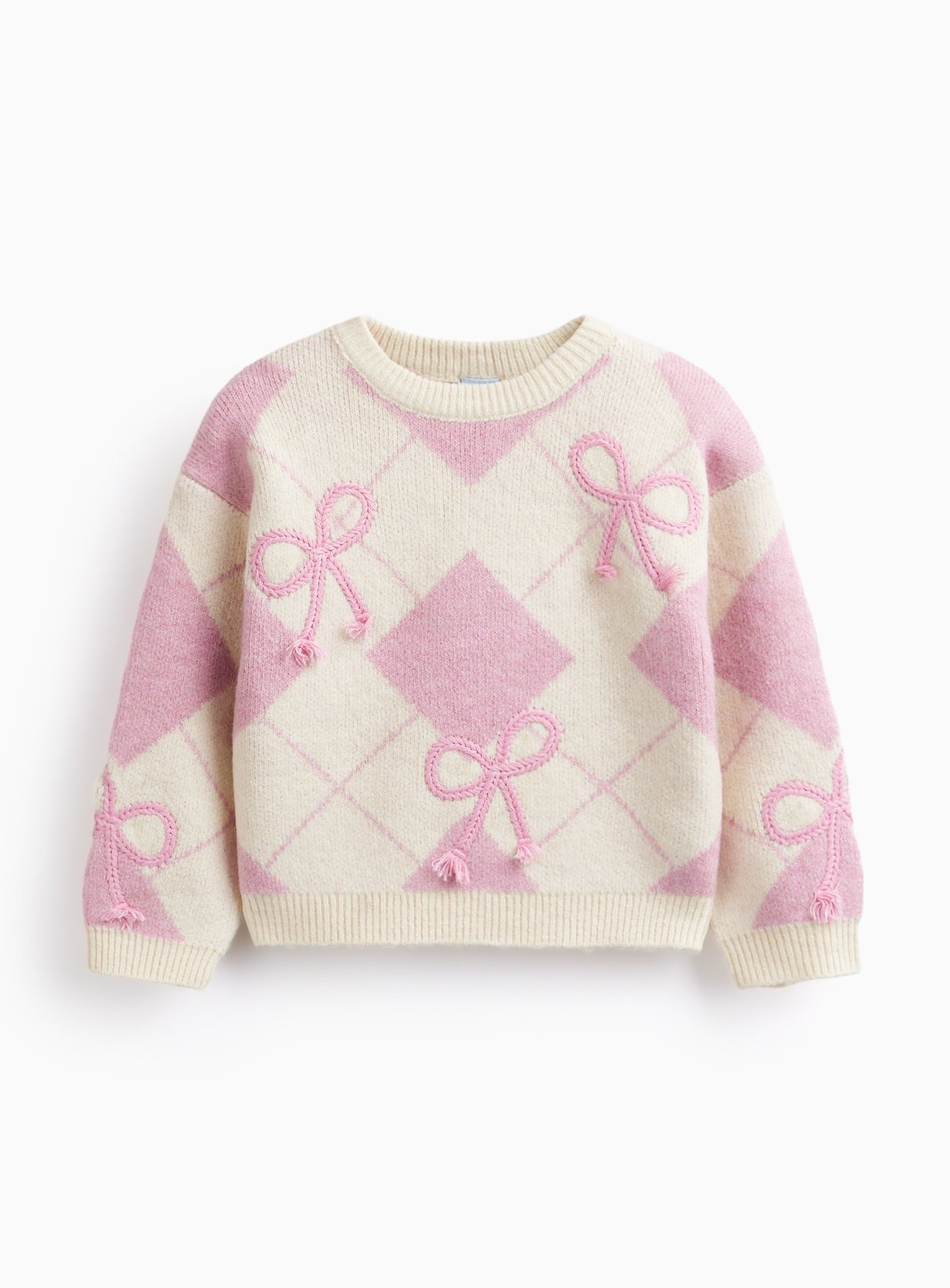 Pink & Cream Argyle 3D Bow Ribbed Jumper 