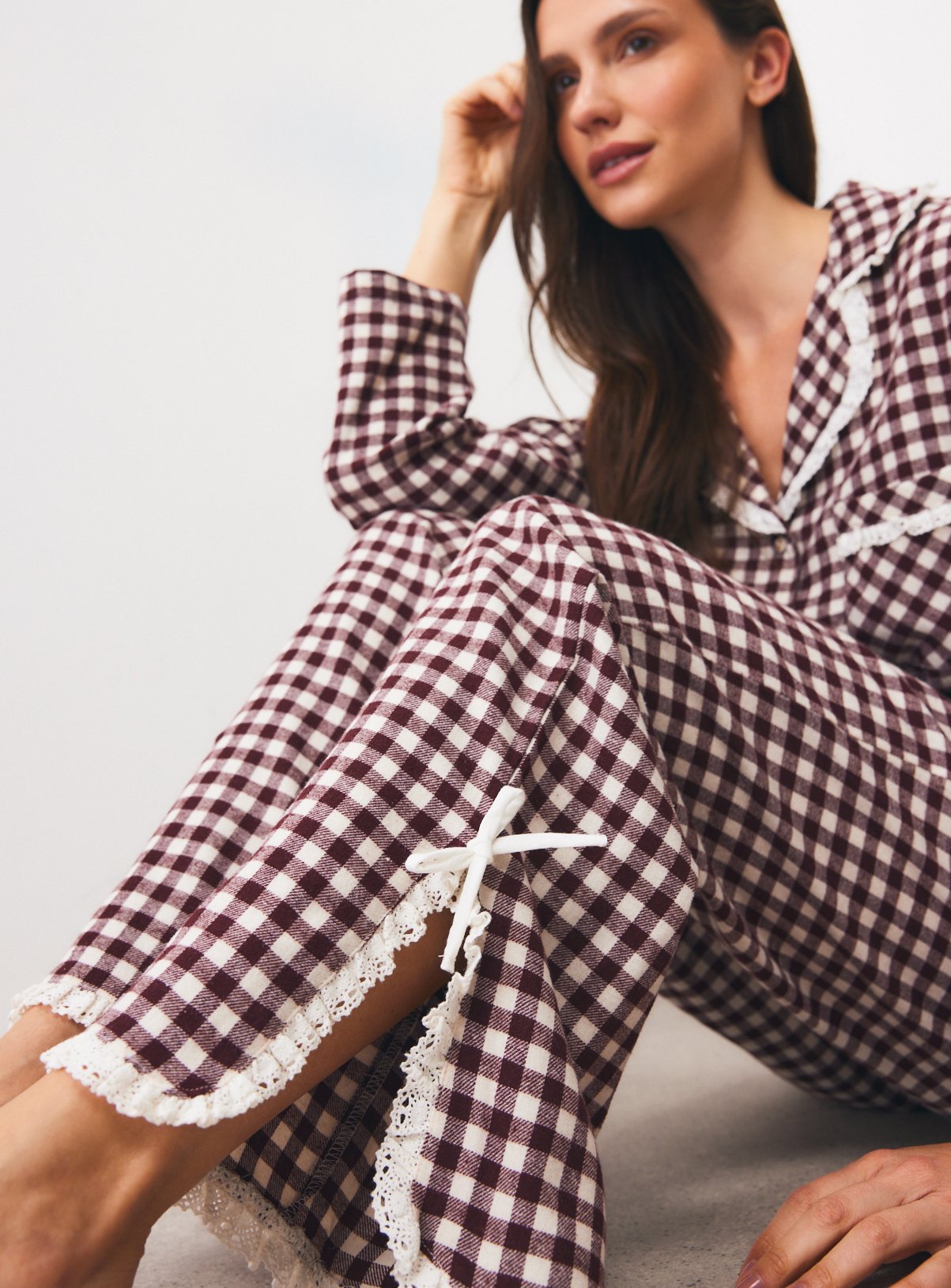 Burgundy Gingham Check Lace Detail Pyjama Set 