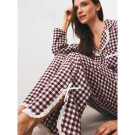 Burgundy Gingham Check Lace Detail Pyjama Set