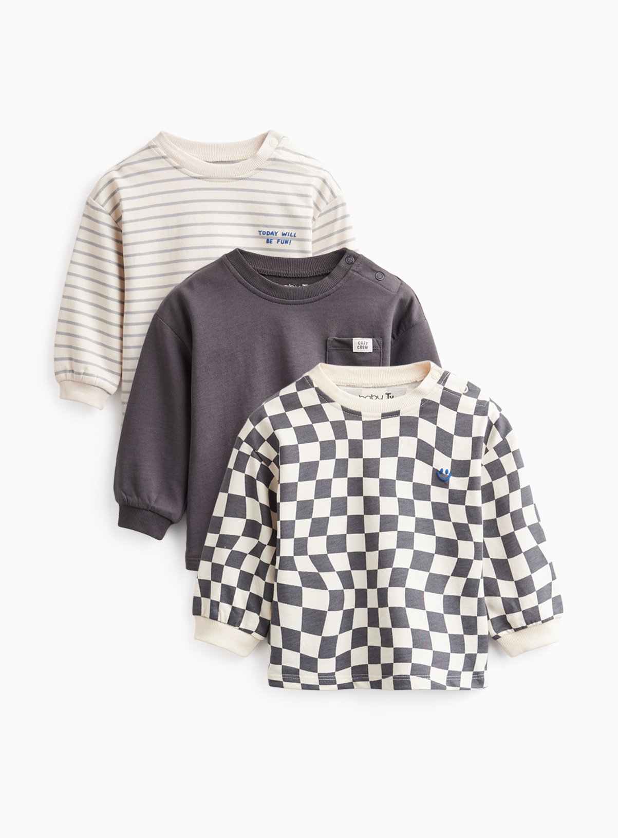 Monochrome Stripe and Checkerboard Long Sleeve Crewneck Tops 3-Pack 