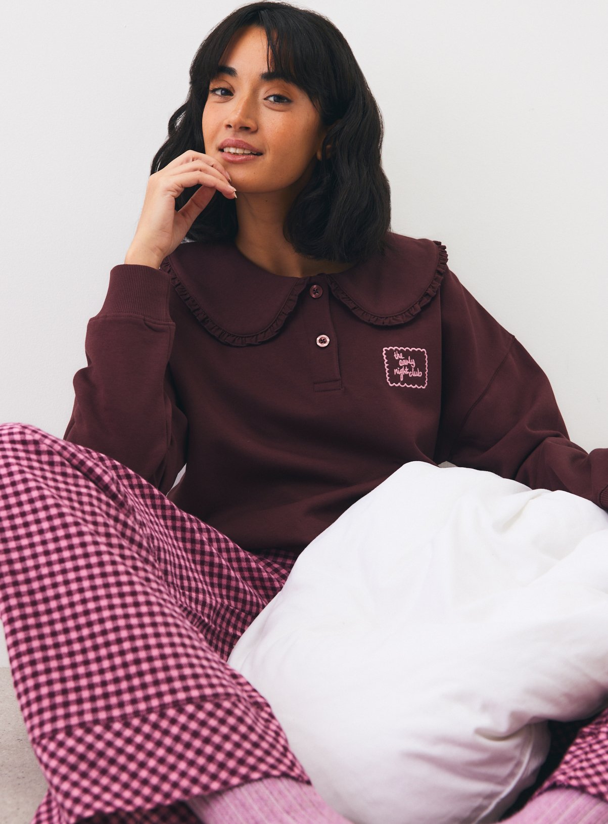 Burgundy Collar Sweat and Gingham Pyjama Set 