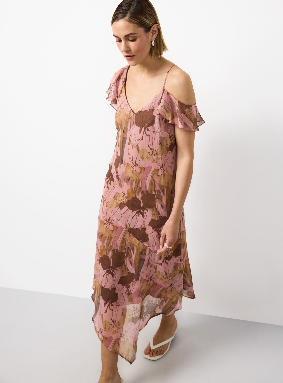 Pink Floral Print Asymmetric Frill Sleeve Cami Dress 10