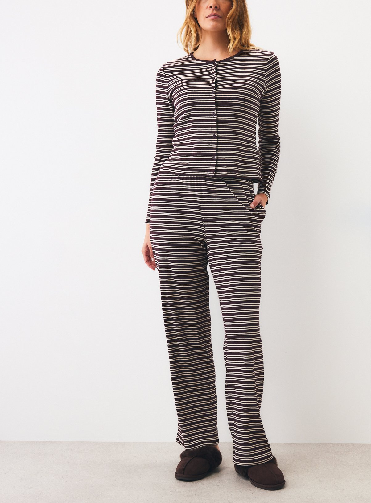 Brown Stripe Rib Wide Leg Co-ord 