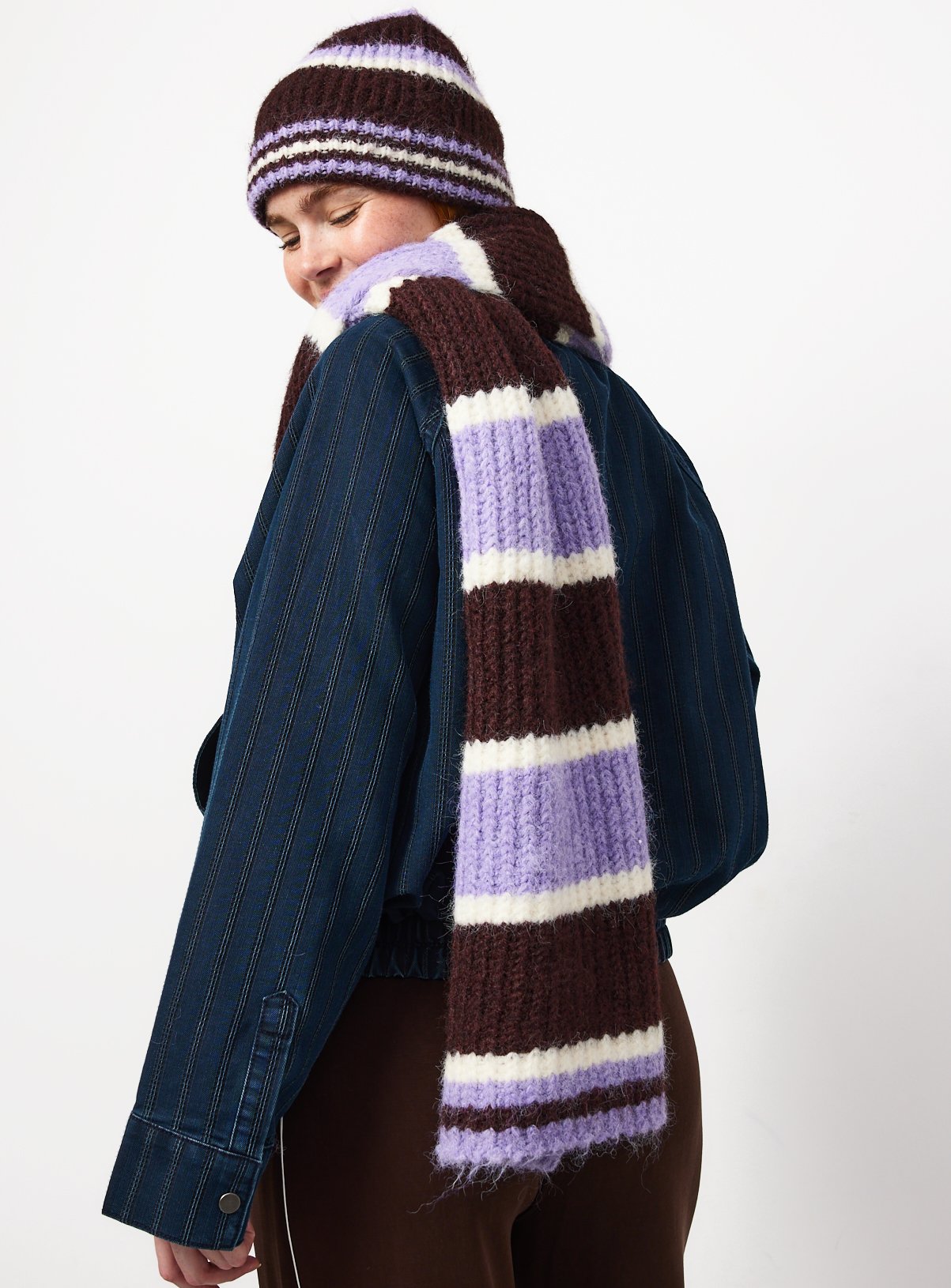 Purple Striped Knitted Scarf One Size