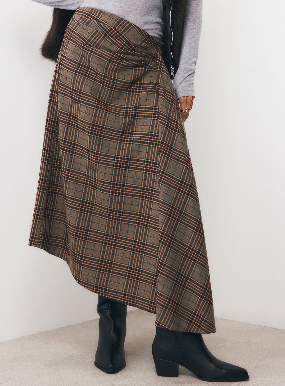 Brown Pareo Check Skirt  