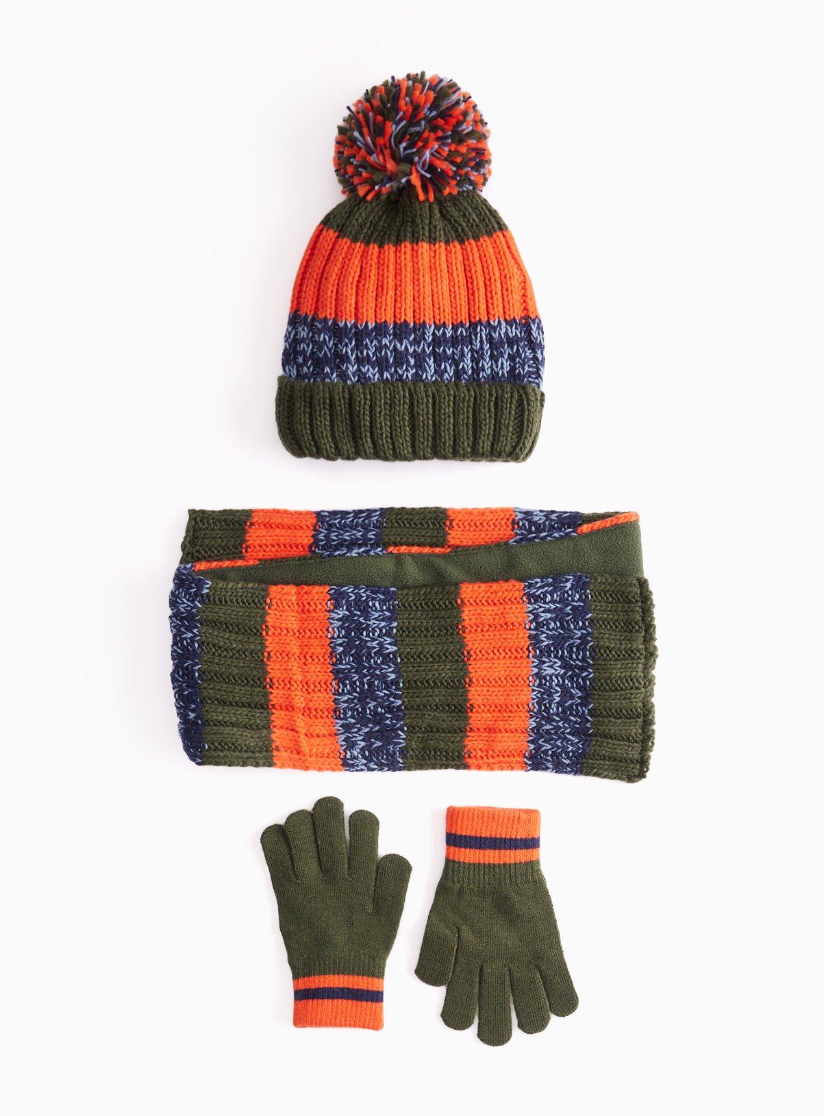 Green & Orange Stripe Cable Hat, Scarf & Gloves Set 